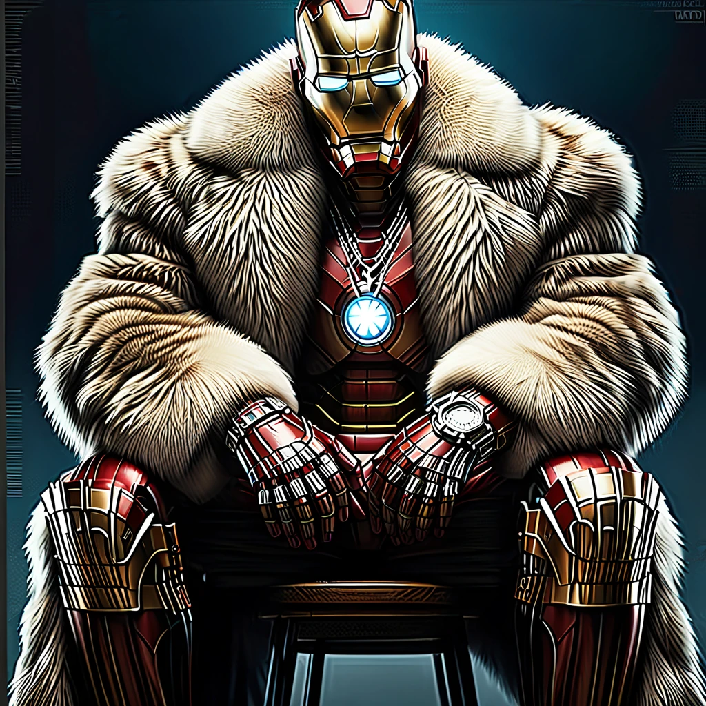 Iron Man sitting in a chair with a fur coat, detailed armor, detailed face