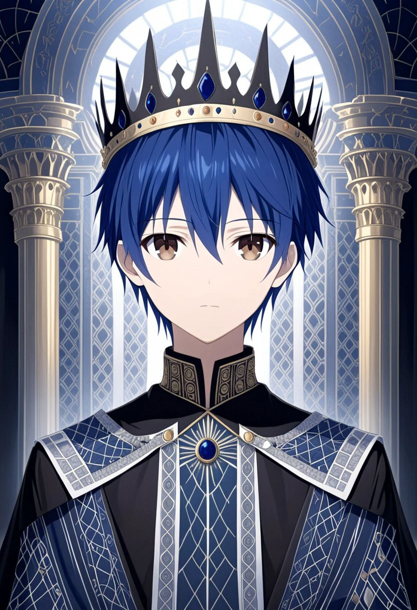 A highly detailed half-body portrait of an anime-style boy with striking blue hair and deep brown eyes. He wears an emperor's crown adorned with dark, intricate designs that convey power and mystery. His clothing is imperial, with elaborate patterns and dark tones, combining traditional royal elements with futuristic, sci-fi influences. The fabric shimmers with advanced technological patterns woven into the material, giving it a modern, almost otherworldly feel. The boy stands in a grand royal court, the background filled with a blend of classical architecture and cutting-edge technology. Dark shadows and subtle lighting highlight his features, creating a mysterious and intense atmosphere. The boy gazes directly at the viewer, his expression calm yet commanding, exuding an aura of authority and elegance. The entire scene is rendered with meticulous detail, showcasing the complex interplay between traditional royal aesthetics and modern sci-fi elements.
This prompt should provide the depth and detail needed to achieve a highly complex and visually stunning image.