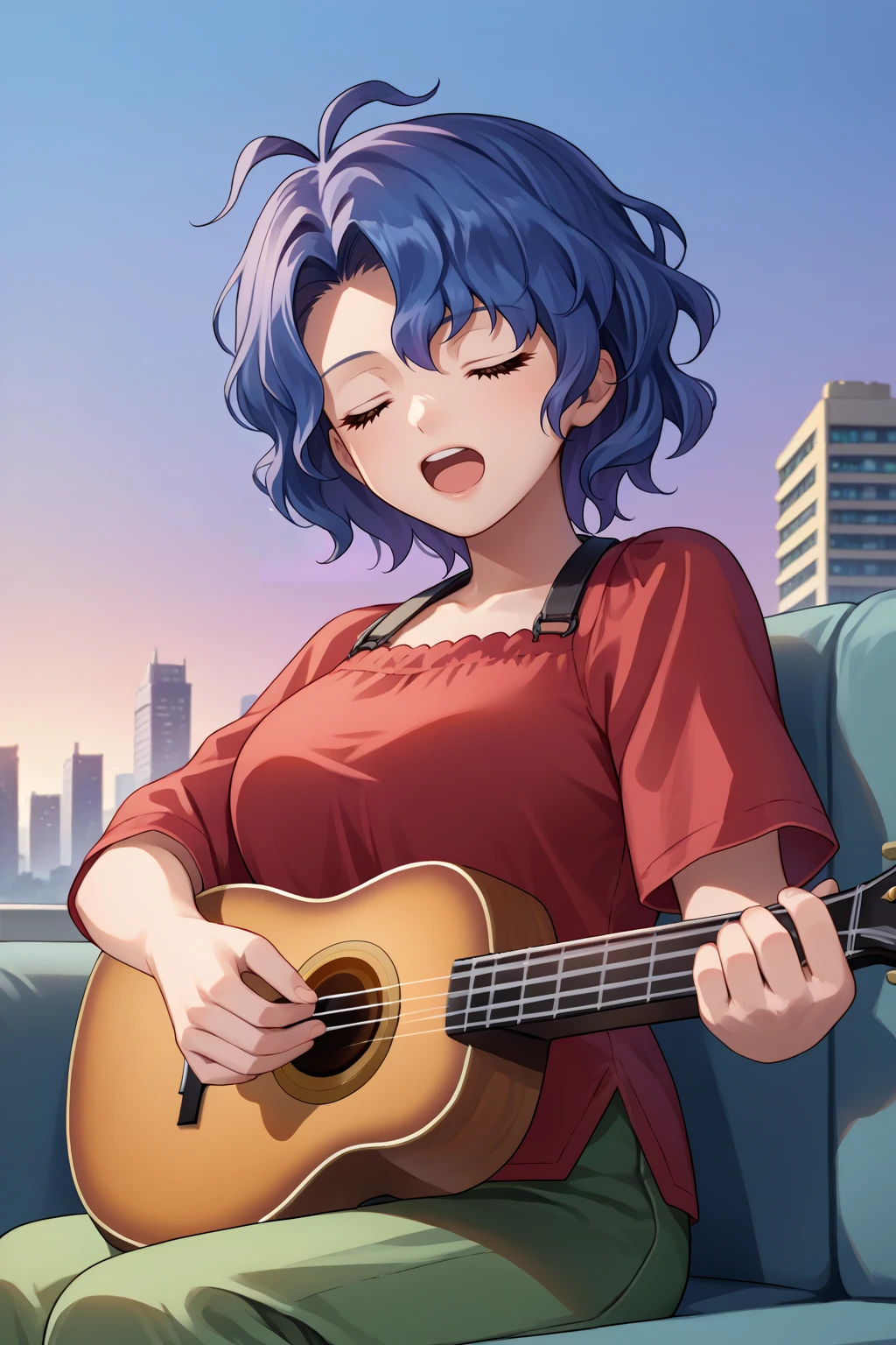 score_9, score_7_up, source_anime, upper body, closed eyes, singing, ftk, short hair, antenna hair, wavy hair, blue hair, brown eyes, large breasts, red shirt, green pants, sitting, couch, playing instrument, acoustic guitar, outdoors, twilight, purple sky, gradient sky, balcony, skyline, <lora:Hoseki_Idolmaster_FukaToyokawa_PDXL_v1:1>