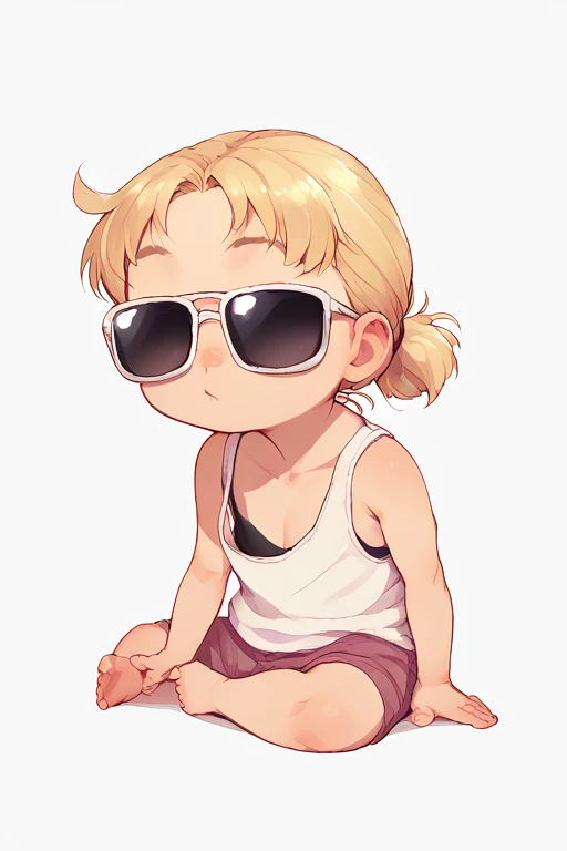 2D, score_9, score_8_up, score_7_up, BREAK, Baby, 1girl, solo, blonde hair, sunglasses, tank top,AgeRegression,Oversized Clothes<lora:EMS-458076-EMS:1.000000>, <lora:EMS-444850-EMS:0.800000>