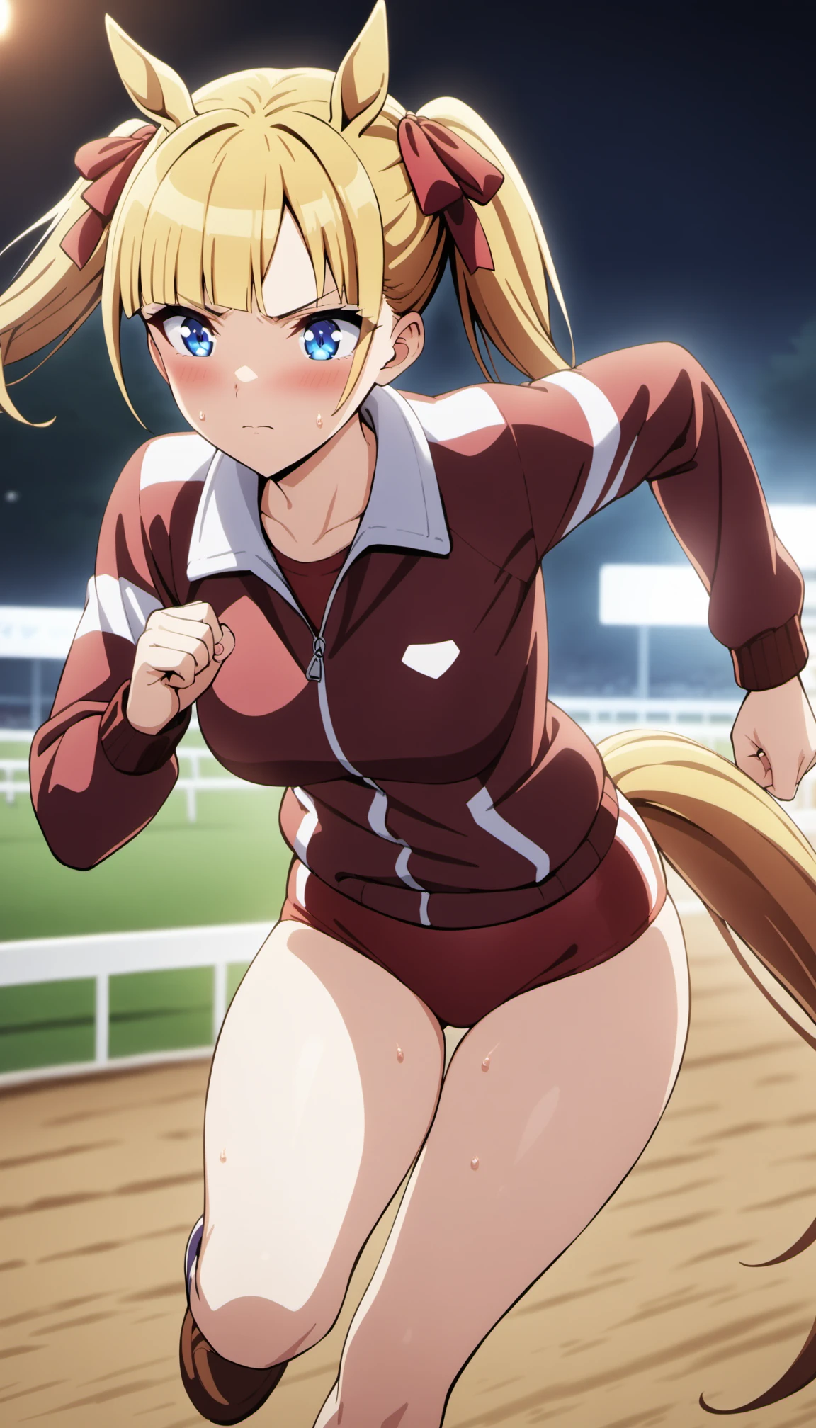 1girl, arisugawa rina, blue eyes, blonde hair, twintails, blunt bangs,
tracen training uniform, horse ears, horse tail, red buruma, red ribbon, hair ribbon, red jacket,
running, horse racing track, sweat, serious,
masterpiece, best quality, very aesthetic, highres, absurdres, incredibly absurdres, anime coloring, cinematic lighting <lora:CulturedDiffusion_Arisugawa_Rina_AniXLV31:0.7>