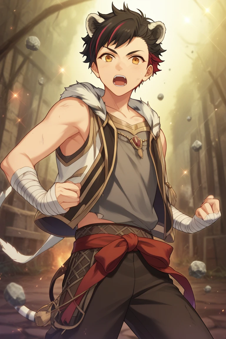 score_9, score_8_up, score_7_up, score_6_up, masterpiece, best quality, amazing quality, best aesthetic, absurdres, intricate details,
tetora nagumo, multicolored hair, black hair, yellow eyes, white tiger ears, gray tank top, white jacket, 1boy, male focus, animal ears, open mouth, bandages, red hair, boots, solo, pants, looking at viewer, vest, teeth<lora:EMS-456862-EMS:1.000000>