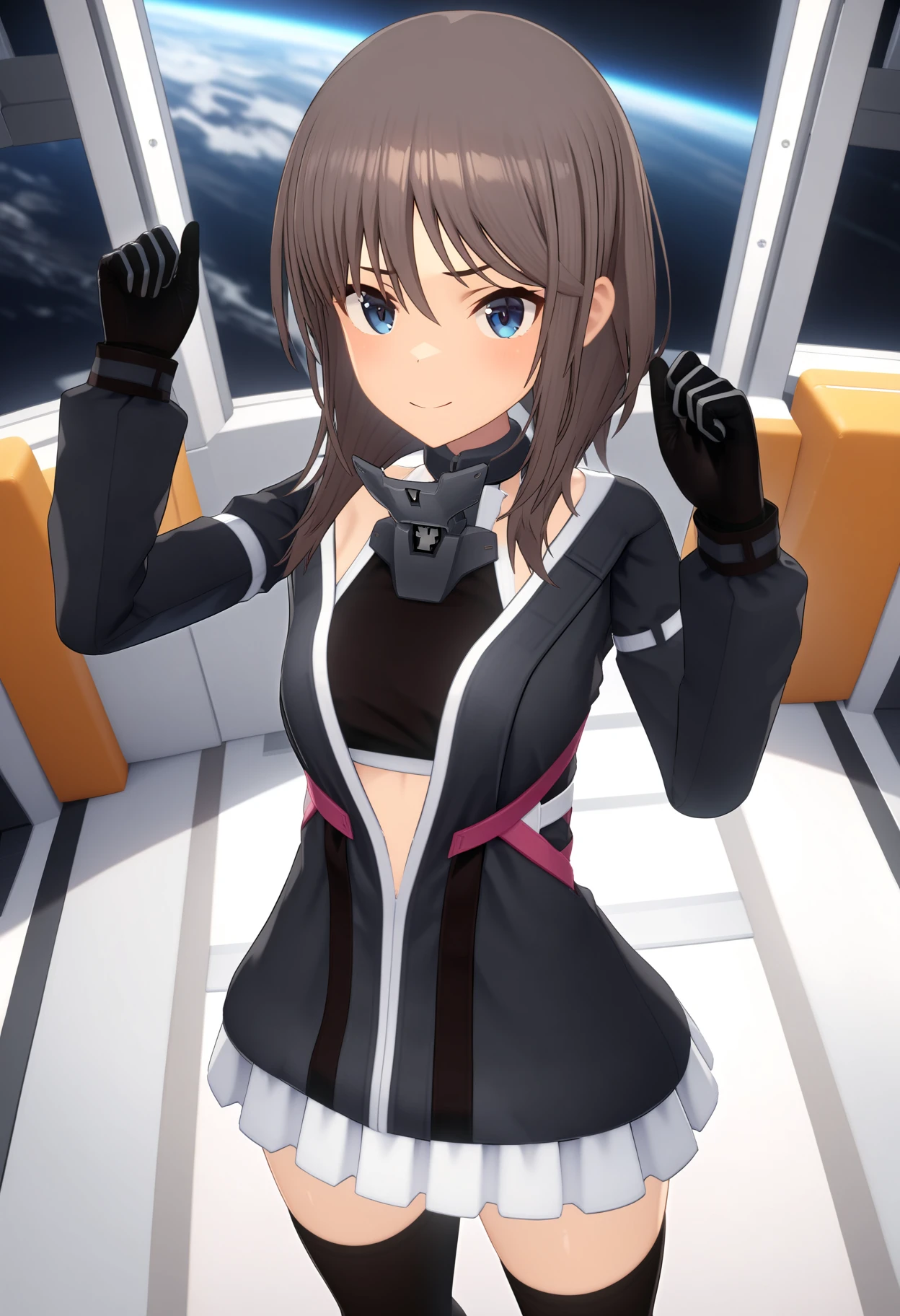 masterpiece,best quality,very aesthetic,absurdres,rim light,metallic luster,intricate details,1girl,<lora:yuuto_v1.4:1>,yuuto,Blacksmith_y,long_sleeves,black sports bra,black gloves,zettai ryouiki,black_thighhighs,<lora:Fixhands_anime_bdsqlsz_V1:1>,
light_blush,Spaceport,Space Station,starry_sky,looking_at_viewer,cinematic_angle,front view,aerial,arm_above_head,arched_back,smirk,, masterpiece,best quality, very aesthetic, absurdres, ultra detailed, high resolution, 4k, extremely detailed CG,