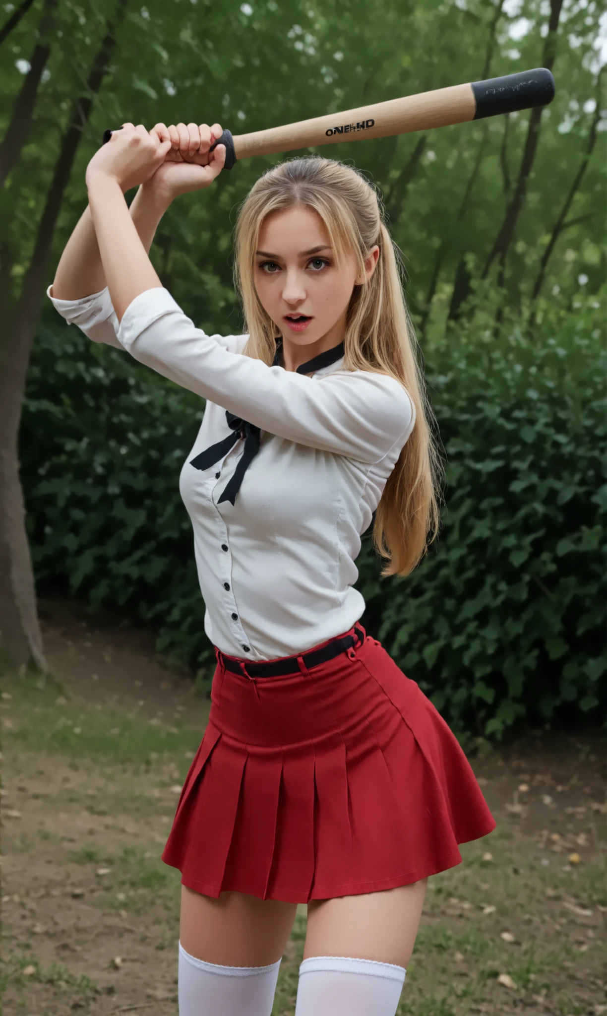 ovhatt, [bothnd|onehnd}, front view, (slim 25yo girl) is overhead attacking with a baseball bat in a crowded park, red skirt and white blouse, black (holdup stockings), necklace,  long blonde hair
 <lora:OverheadAttack:1>