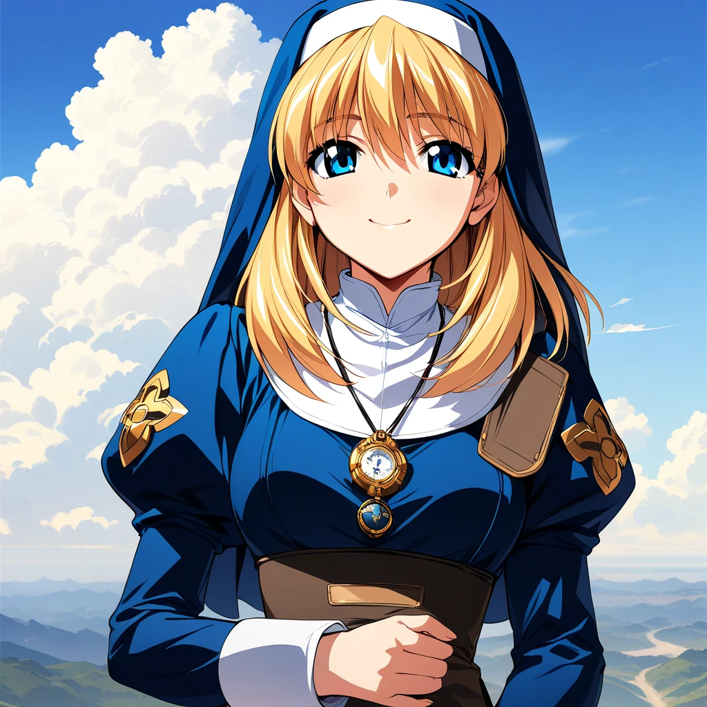 (masterpiece),(best quality),(ultra-detailed),(best illustration),(best shadow),(absurdres),(detailed background),(very aesthetic), rosette_christopher, 1girl, solo, blonde hair, blue eyes, nun, habit, cloud, sky, jewelry, day, long sleeves, necklace, juliet sleeves, pendant watch, holding, puffy sleeves, smile, <lora:Rosette_Christopher:1>