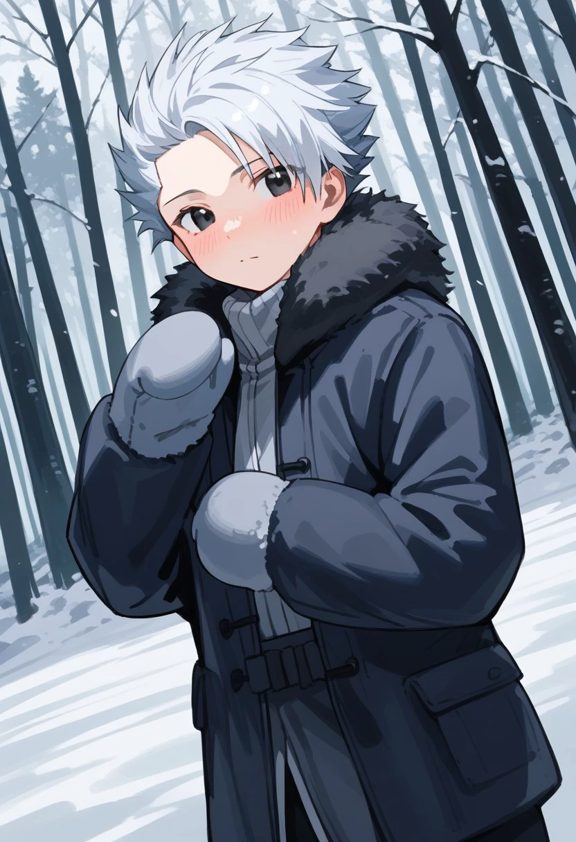score_9, score_8_up, score_7_up, source_anime, rating_safe, LeonFT, grey Leon hair, black eyes, 1boy, male focus, fur coat, mittens, winter clothes, nose snot, blush lines, hands with five fingers, blurry outdoor forest, snow, tundra forest, cropped legs, dutch angle, realistic shading, cute wallpaper