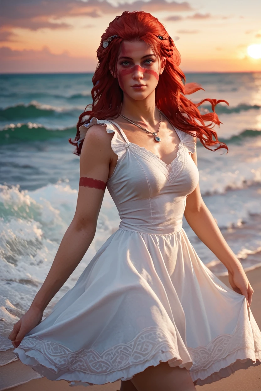 score_9, score_8_up, score_7_up, score_6_up
<lora:ACVCiara:0.8>
ACVCiara, 1girl, red hair, long hair, face paint, hair ornament, looking at viewer, on a beach during a vibrant sunset, sundress, playing with the waves