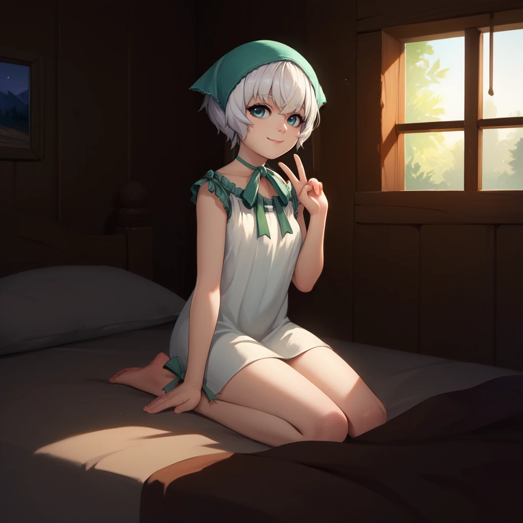 1girl,solo,<lora:yonah:1>,"young-yonah,white hair,aqua eyes,short hair,green head scarf,green ribbon,white dress,frilled dress,sleveless dress,ribbon trimmed dress,short dress",
indoors,bedroom,cabin,wooden floor,
looking at viewer,smile,closed mouth,sitting,on bed,hand up,v,arm support,, score_9, score_8_up, score_7_up, perfect anatomy, source_anime, zPDXL2,