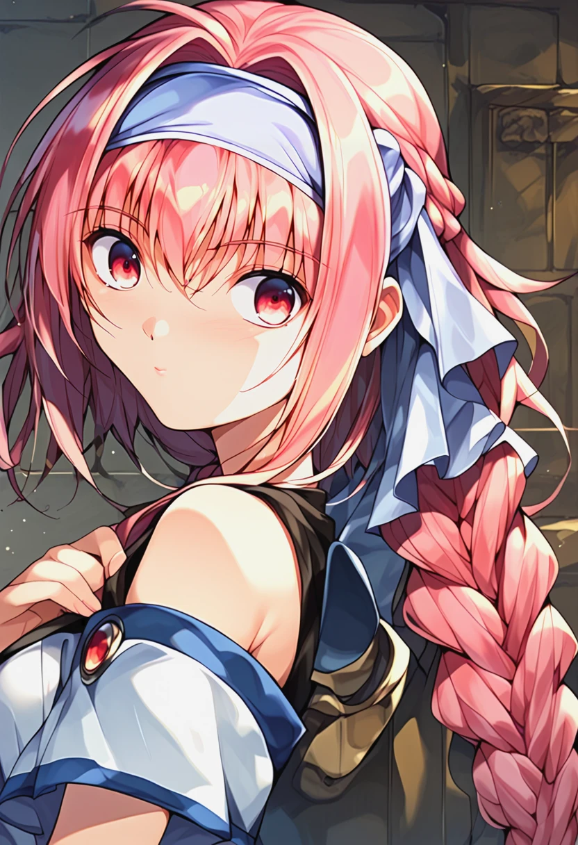 <lora:dlsakura_Pv11:1>, dlsakr, 1girl, red eyes, long hair, single braid, high quality, 9,9,9,9, upper body, hairband, upper body, portrait,, BREAK score_9, score_8_up, score_7_up, score_6_up, source_anime, best quality,