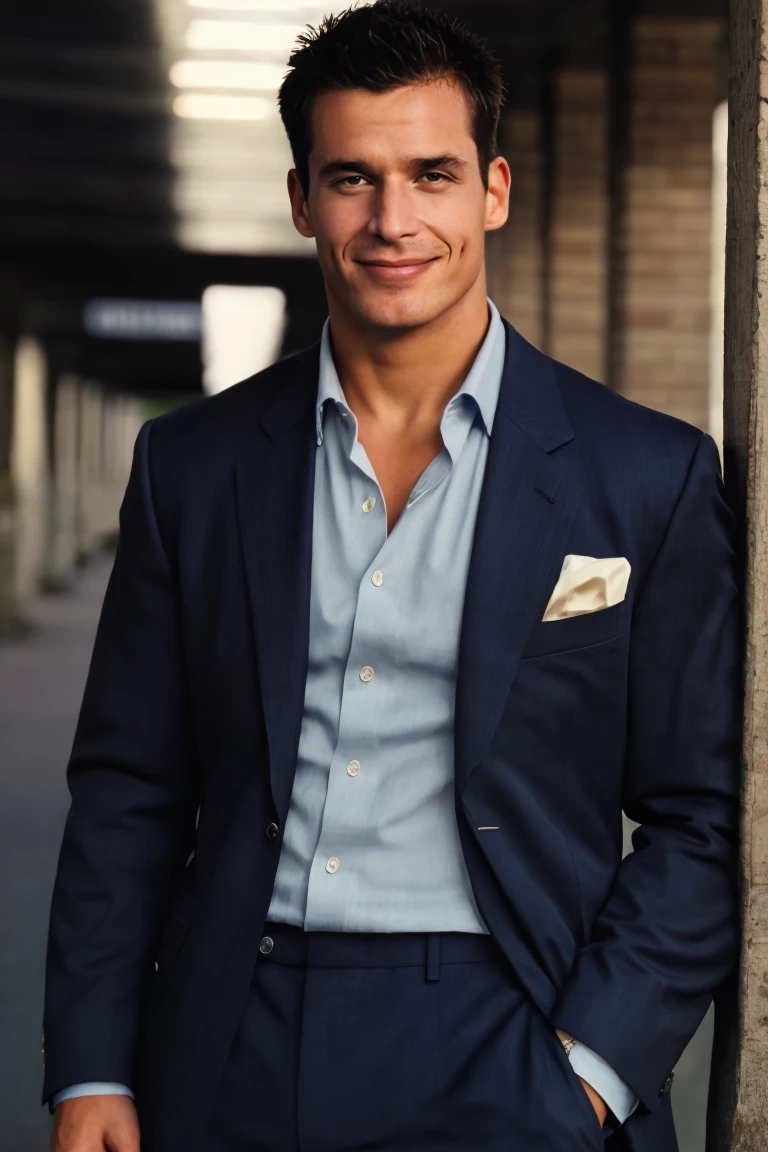 photo of a man,4nt0n,  smirk, (muscular:1.1), parking lot, dress shirt, pants, suit, work clothes, looking to viewer, cinematic lighting, detailed face, detailed eyes, masterpiece, high_res, perfect face, <lora:antwon:.8>