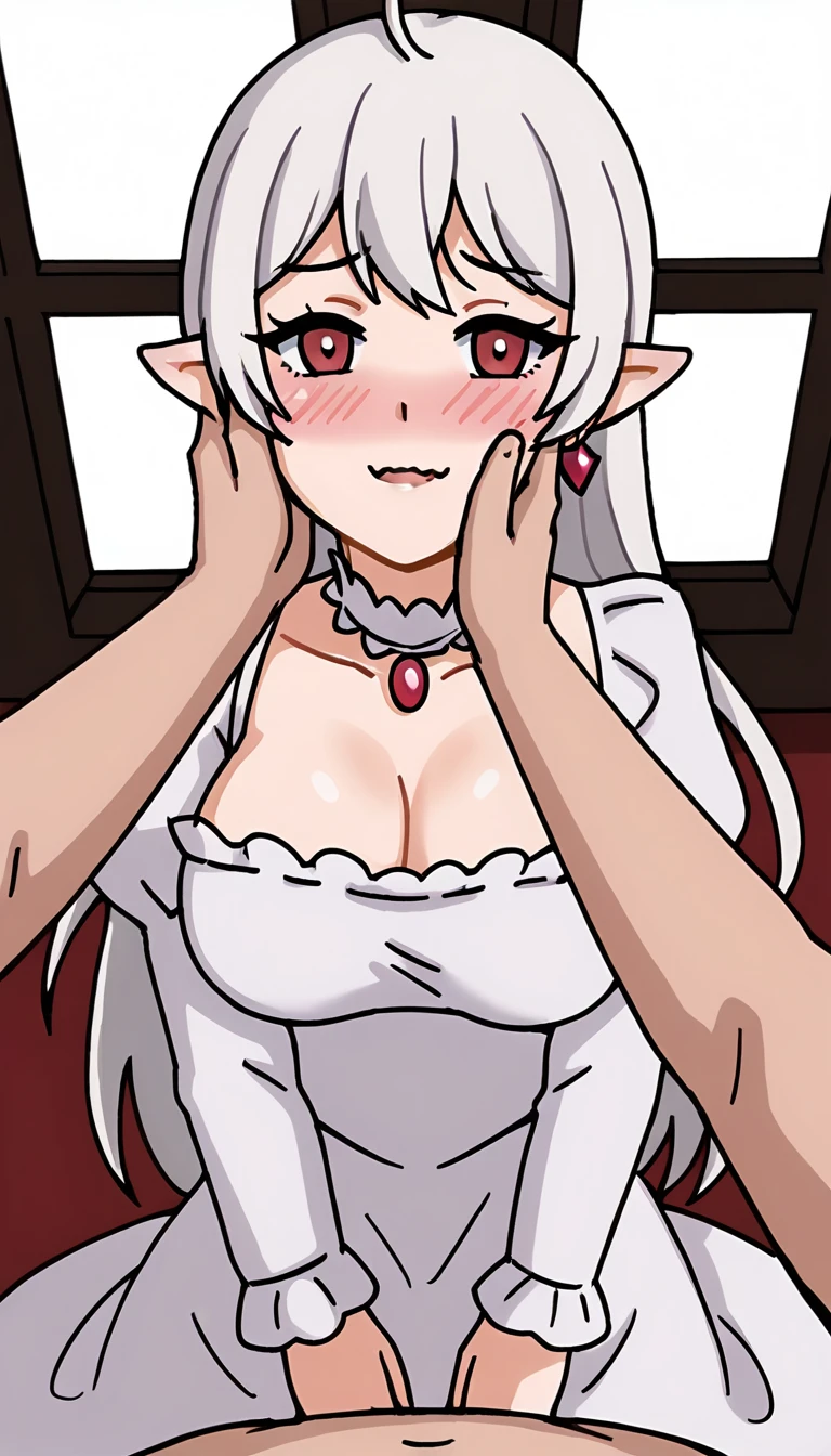 one girl, naive, beautiful white hair, princess, princess of elf, cute, lick my penis, hand job, from side