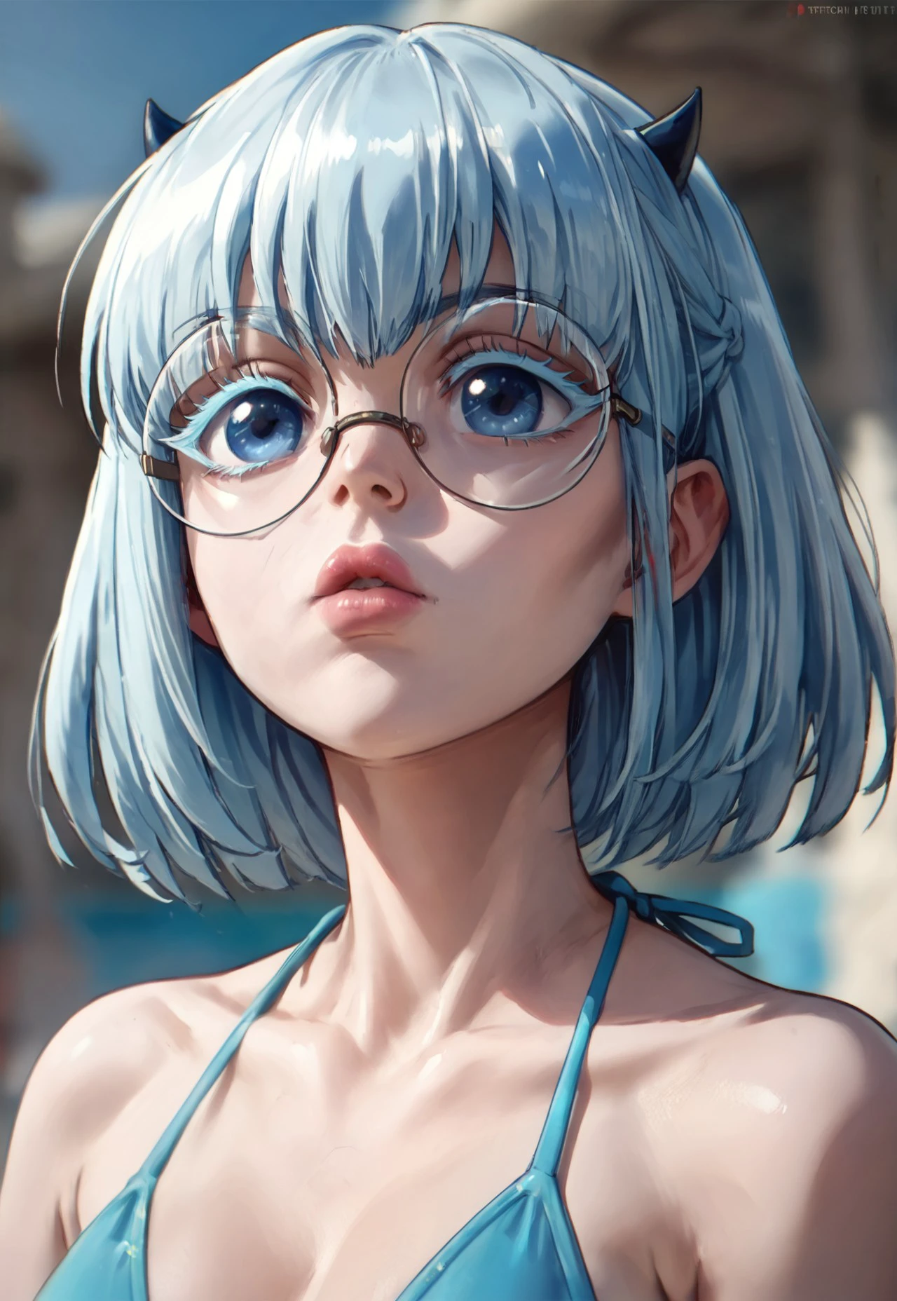 safe_pos, 1 girl, standing eye catching, solo, light blue hair, short hair, blue eyes, horns, round eyewear, colored eyelashes,  (,((score_9, score_8_up)):1.5), perfect lighting,realistic lighting, best quality, masterpiece, (head to thighs) 1girl, solo,beautiful face,contoured eyebrows,erotic model, full lips, skin colored lips, glossy lips, wearing bikini, beach background, perfect, detailed, best
