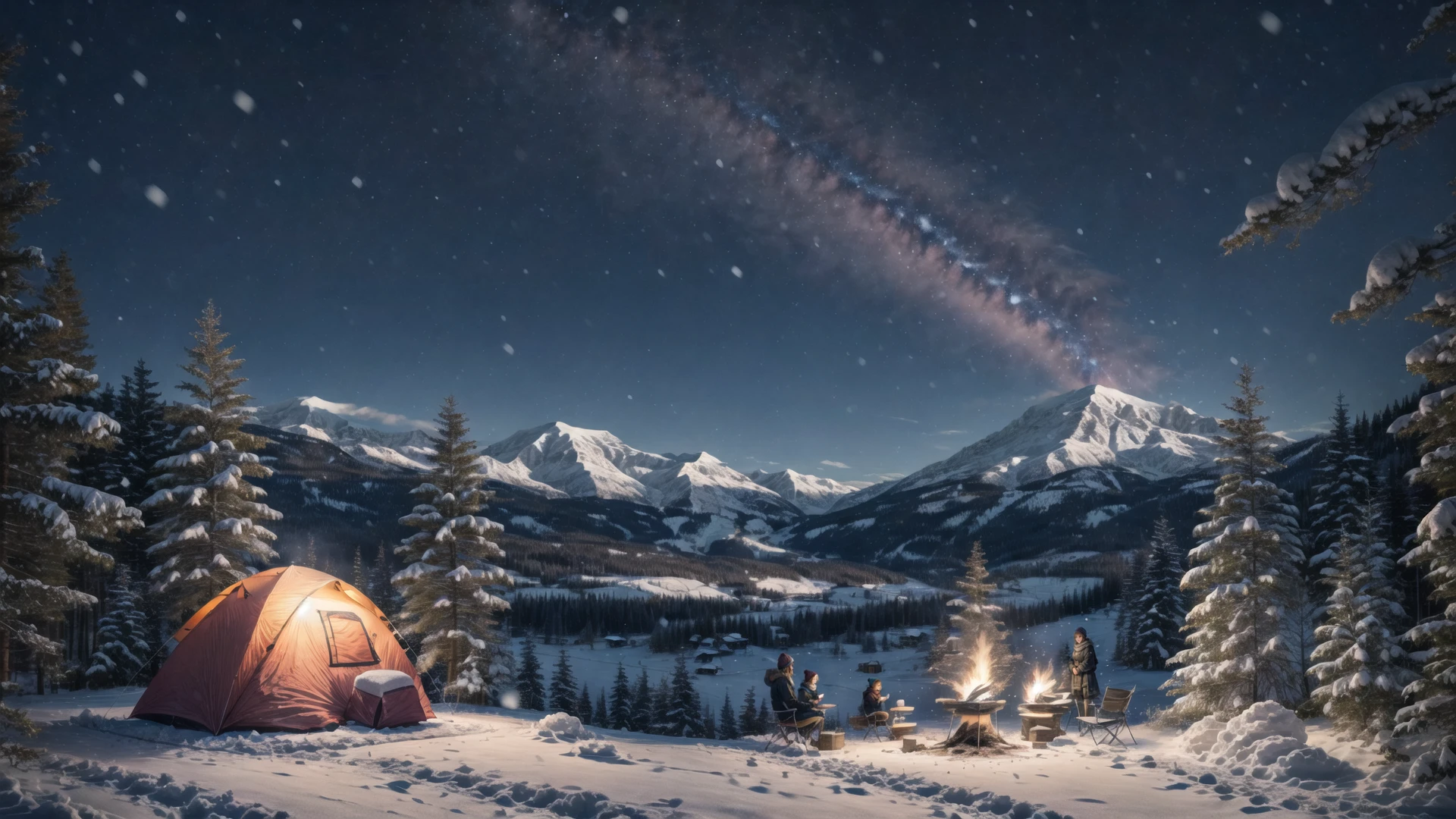 Role-playing game (RPG) style fantasy 2girls, camping, campfire, tent, snow, snowing, night, winter clothes, wilderness, nature, <lora:snowbound:0.8>, snowbound, high quality, highres, masterpiece, best quality, 8k, intricate, detailed, <lora:add_detail:0.6> . Detailed, vibrant, immersive, reminiscent of high fantasy RPG games