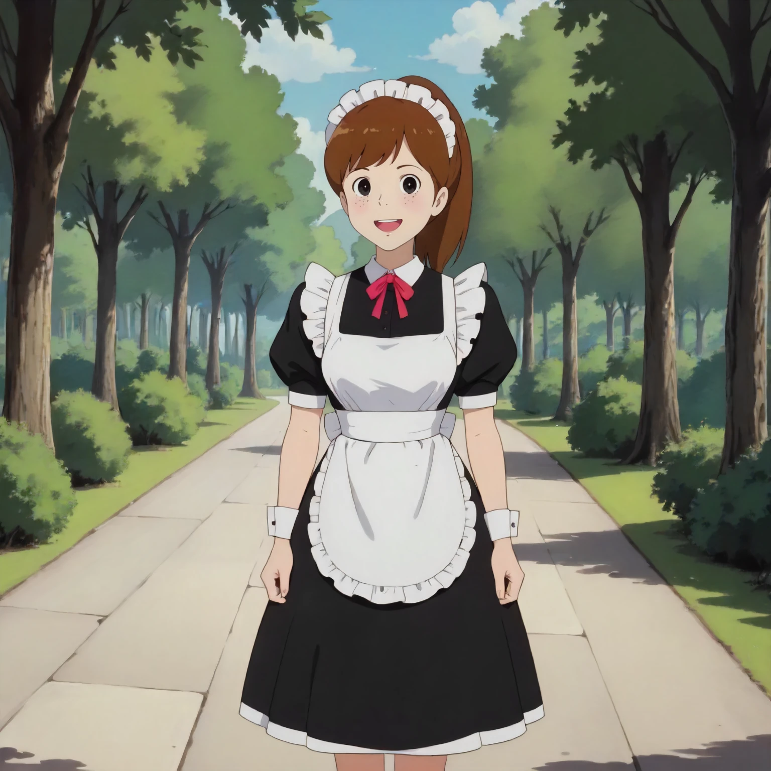 <lora:TCoC_WaitressXLpony002>,
outdoors,nature,
looking at viewer,smile,open mouth,
solo,
1girl,brown hair,ponytail,black eyes,
standing,
maid,