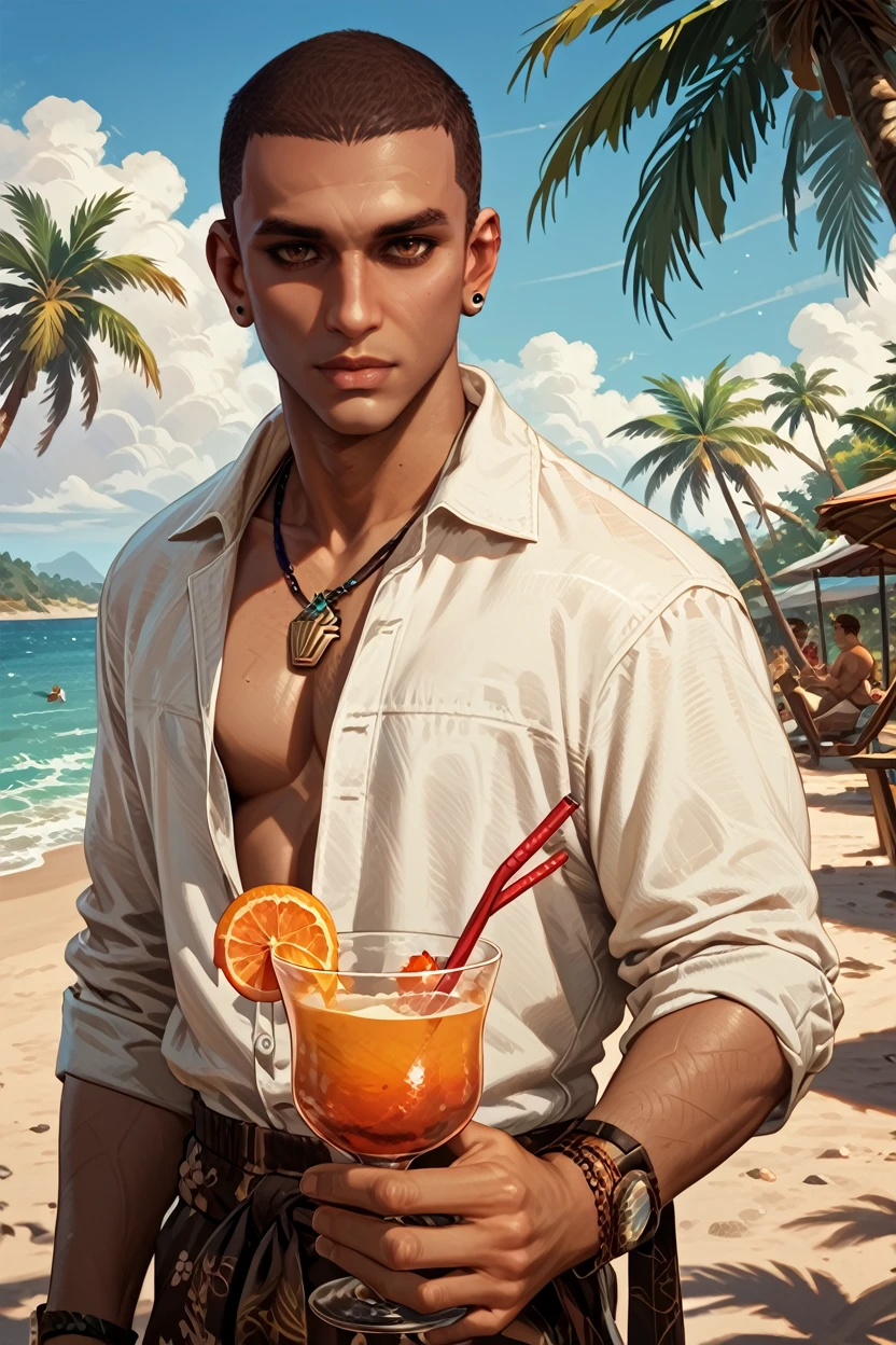 score_9, score_8_up, score_7_up, score_6_up
<lora:ACBayek:1.0>
ACBayek, 1boy, brown hair, brown eyes, buzz cut, looking at viewer, at a beach, holding a cocktail, palm trees, sand, ocean