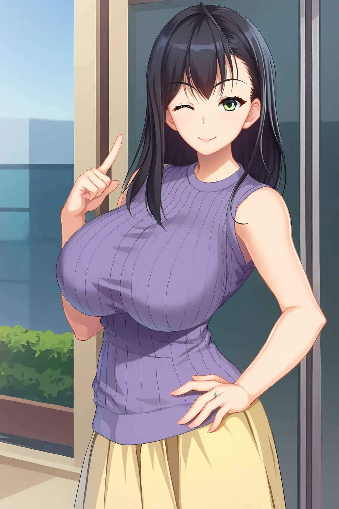 score_9, score_7_up, source_anime, 
BREAK
solo, 1girl, 
<lora:NikaidouChihiro-02:1>,
NikaidouChihiro, black hair,
ribbed sweater, purple sweater, sleeveless sweater, long skirt, yellow skirt, sweater vest,
BREAK
smile, (troubled eyebrows:0.6), 
Tower, 
pointing, 
from side,