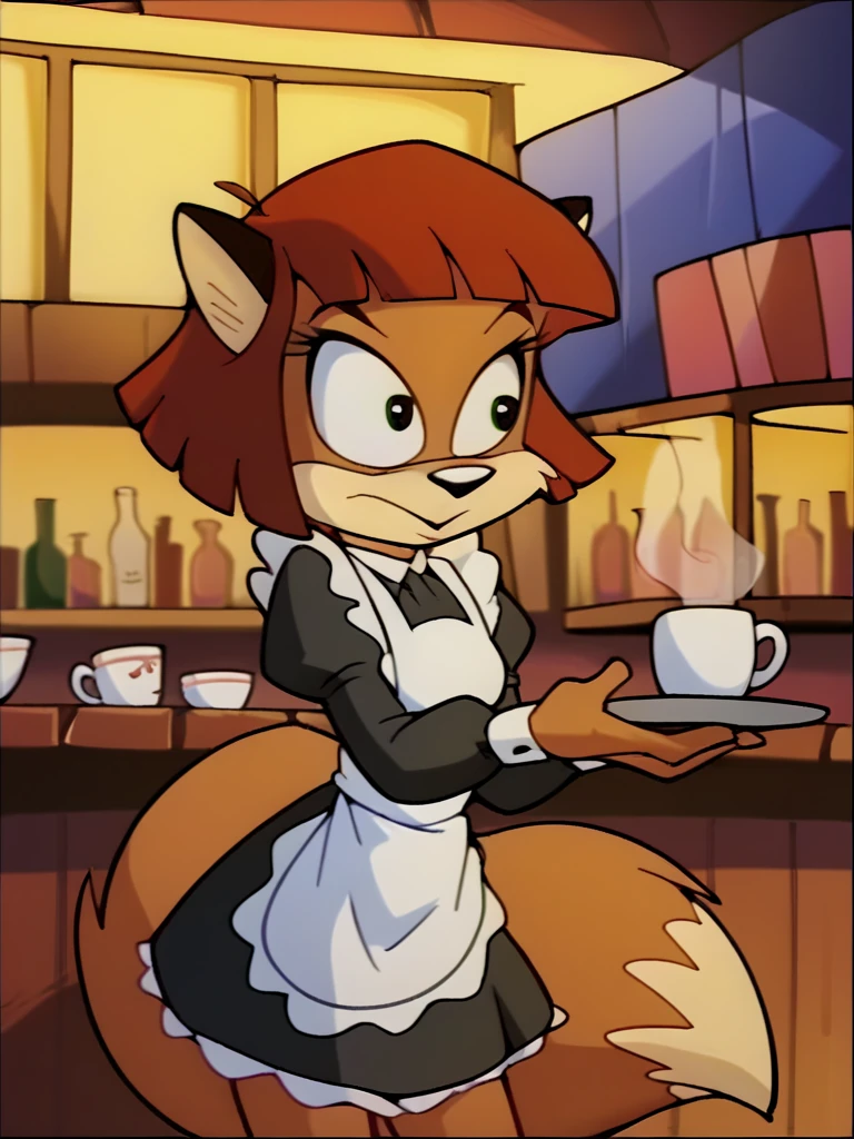 score_9, score_8_up, score_7_up, score_6_up, score_5_up, score_4_up, source_furry, jane_tloti, fox tail, maid uniform, holding tray, serving tray, cup, mug, coffee, table, chair, cafe, crowd, detailed eyes, detailed face, (retro artstyle, 1990s \(style\), flat color, toon \(style\)), <lora:janetloti-v1:1>