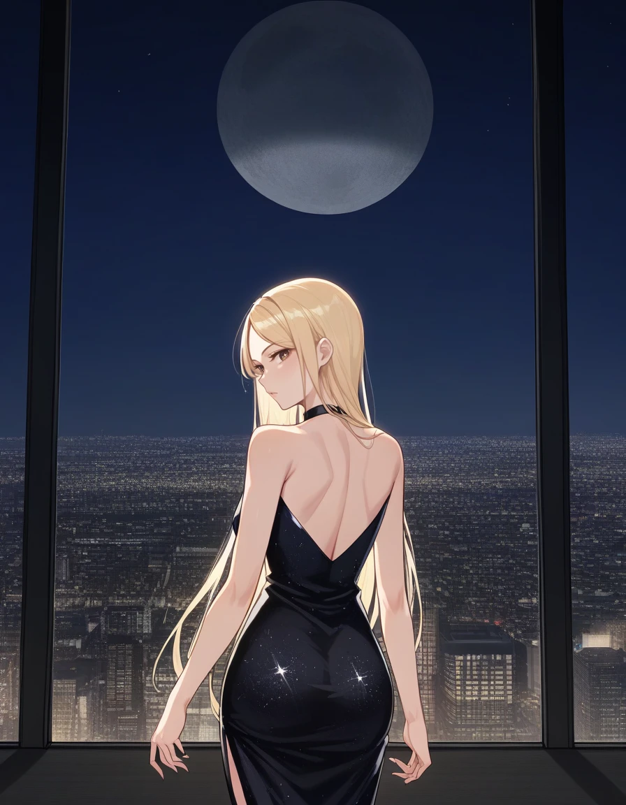 score_9, score_8_up, score_7_up, souce_anime, BREAK masterpiece, best quality, very aesthetic, absurdres, 1girl, standing with looking back to camera, from behind, innocent, slender, sparkling black dress, satin dress, long blonde hair, shoulders, perfect eyes, cowboy shot,<lora:shibuya_sky_gallery_ponyDiffusionV6XL_v6_Lion_2460_v1.01:1>, cityscape from sky gallery, black floor, indoor lookout, window, at night, night sky,