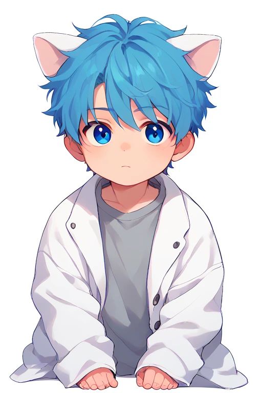 2D, score_9, score_8_up, score_7_up, BREAK, Baby, 1boy, solo, blue hair, blue eyes, white cat ears, white jacket, grey shirt,AgeRegression,Oversized Clothes<lora:EMS-458076-EMS:1.000000>, <lora:EMS-444850-EMS:0.800000>