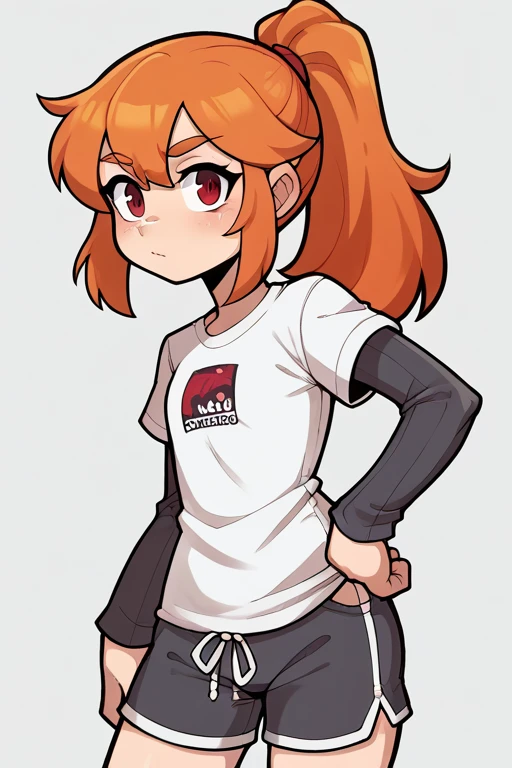 2D, score_9, score_8_up, score_7_up, BREAK, 1girl, solo, NormalMeggy, Orange Hair, Red Eyes, White Shirt, Grey Sleeves, Shorts, ponytail<lora:EMS-457658-EMS:0.800000>