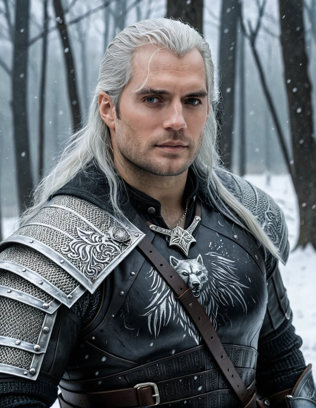 A hyperrealistic, highly detailed 4K cinematic photograph of Henry Cavill dressed as Geralt of Rivia from the Witcher series, inspired by the video game. long white hair, no beard. He is wearing medieval-style old black leather armor with (scratches:0.7), and a small silver pendant representing a wolf  around his neck. The scene is set outdoors in dramatic, (snowy weather:1.2), with a beautiful and balanced composition. The lighting is cinematic and enhances the fantastic atmosphere of the scene, detailled skin, (grey eyes:0.2) <lora:HenriCavilSDXL:1> <lora:CinematicStyle_v1:0.5>