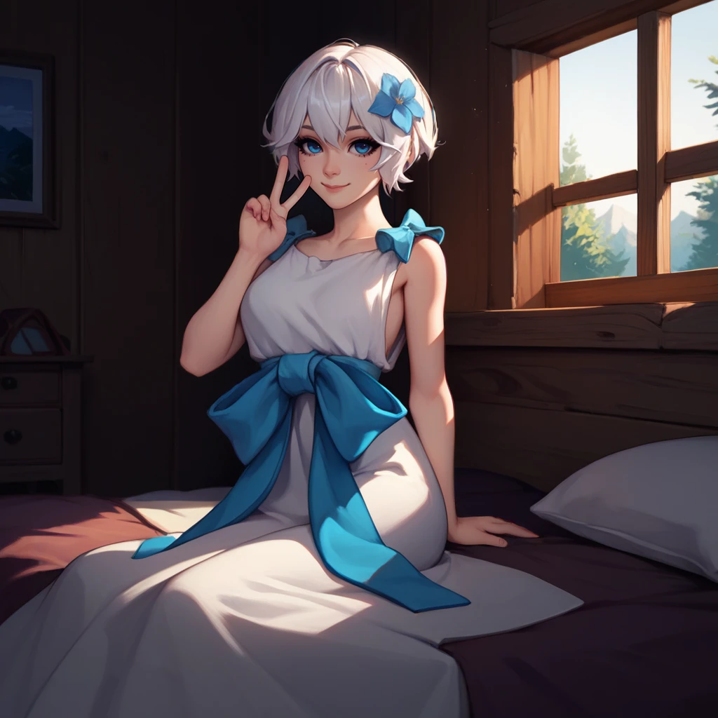 1girl,solo,<lora:yonah:1>,"adult-yonah,white hair,short hair,blue eyes,white dress,dress bow,waist bow,hair flower",
indoors,bedroom,cabin,wooden floor,
looking at viewer,smile,closed mouth,sitting,on bed,hand up,v,arm support,, score_9, score_8_up, score_7_up, perfect anatomy, source_anime, zPDXL2,