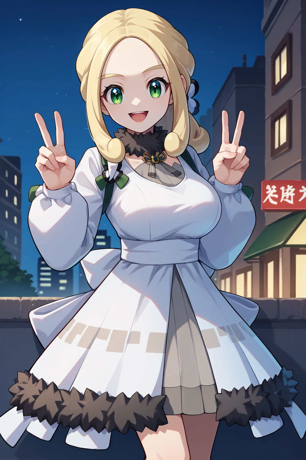 score_9, score_8_up, score_7_up, score_6_up, source_anime, 1girl, solo, <lora:pkmnviola-pdxl-nvwls-v1-000004:1> holVla, blonde hair, green eyes, parted bangs, low ponytail, hair ornament, fur collar, white coat, grey dress, long sleeves, fur trim, city, looking at you, happy, peace sign, night, big breasts