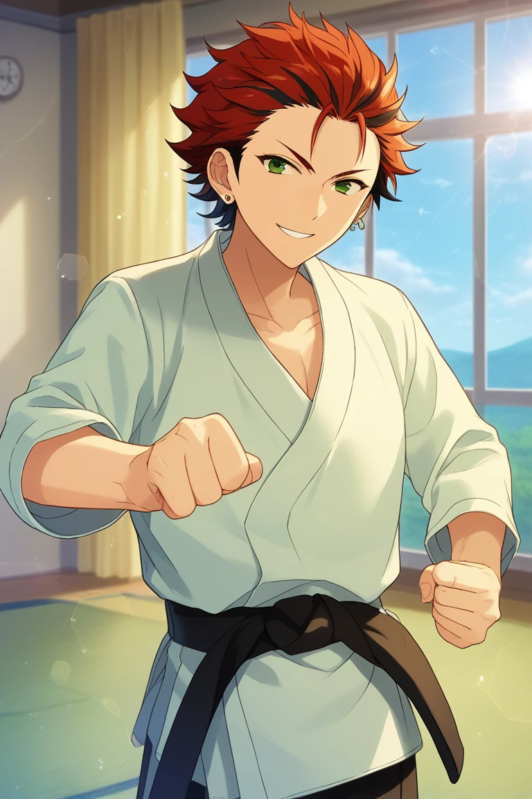 score_9, score_8_up, score_7_up, score_6_up, masterpiece, best quality, amazing quality, best aesthetic, absurdres, intricate details,
kuro kiryu, red hair, green eyes, earrings, two-tone hair, 1boy, male focus, dougi, solo, window, indoors, martial arts belt, looking at viewer, black belt, lens flare, belt, curtains, jewelry, cloud, short hair, sky, clenched hand, fighting stance, upper body, smile<lora:EMS-456862-EMS:1.000000>