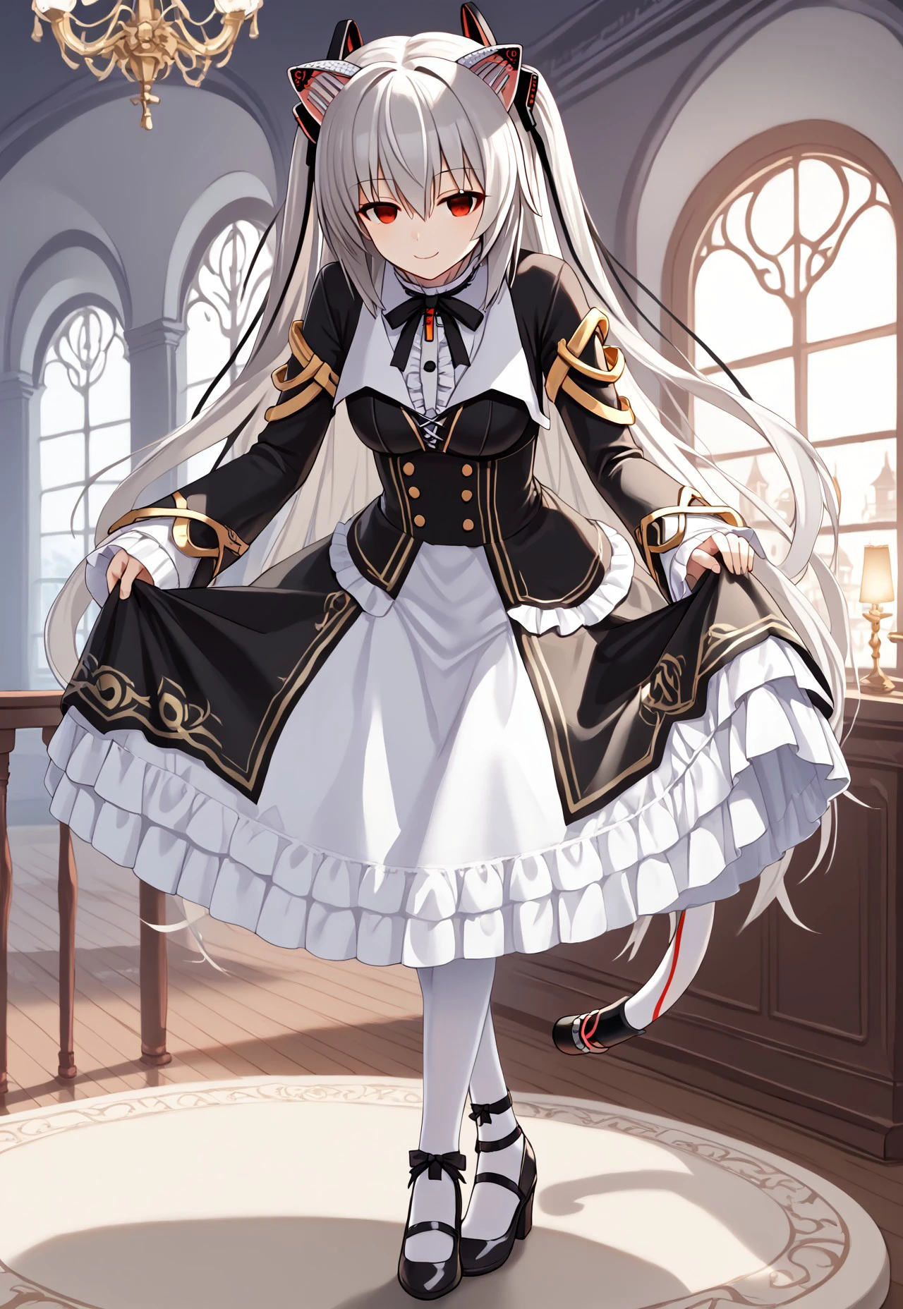 1girl, solo, NoraCat1, red eyes, mechanical ears, cat ears, two side up, bangs, hair between eyes, grey hair, very long hair, white hair,

black dress, long sleeves, frills, wide sleeves, neck ribbon, black ribbon, sleeves past wrists, patterned clothing, mechanical tail, cat tail, white pantyhose, black footwear,

smile, closed mouth,

indoors, night, window, chandelier, backlighting, skirt hold bowing, crossed legs, leaning forward,