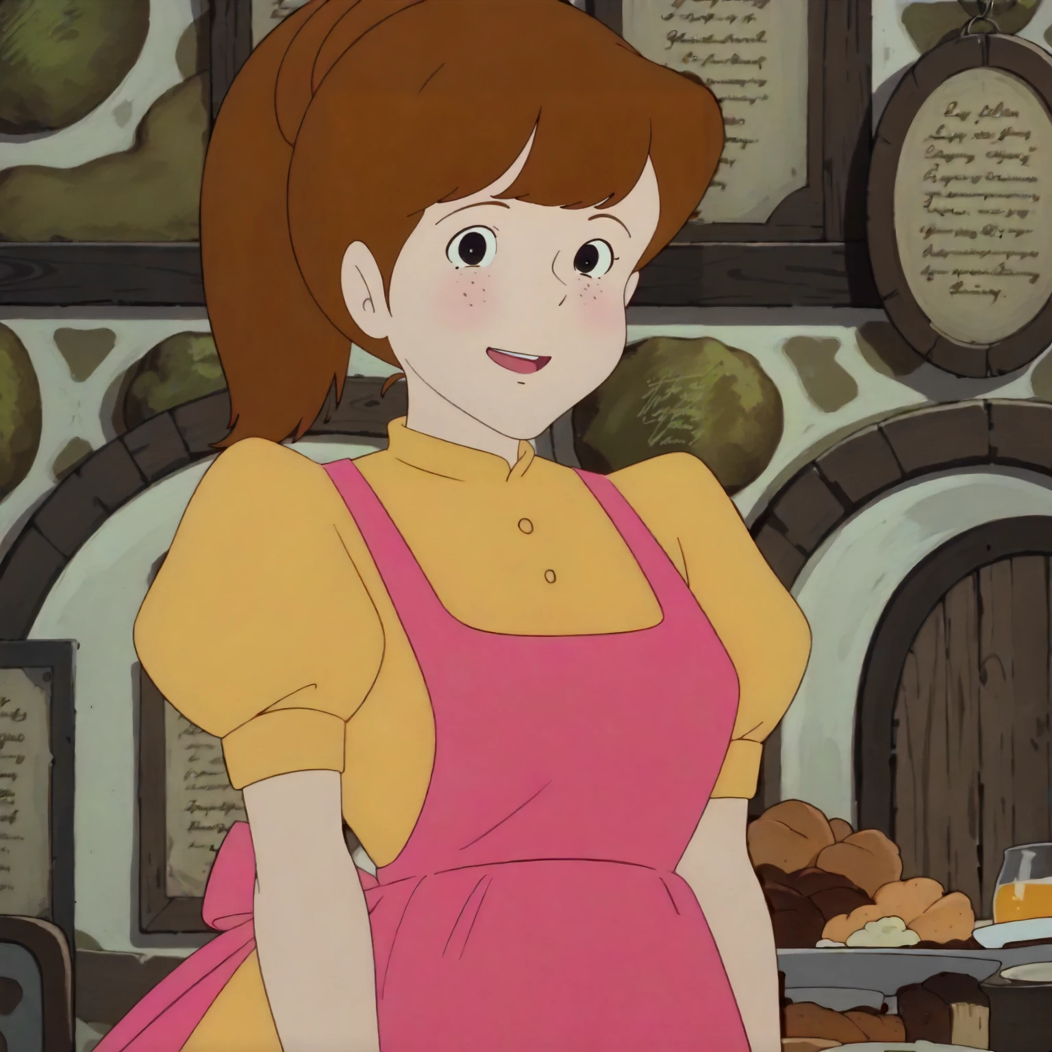 <lora:TCoC_WaitressXLpony002>,
indoors,
looking at viewer,smile,open mouth,
solo,
Waitress,1girl,brown hair,ponytail,black eyes,
yellow dress,puffy_sleeves,short_sleeves,pink apron,