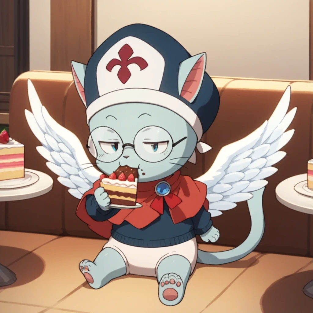 Score_9, Score_8_up,Score_7_up,Score_6_up,Score_5_up,Score_4_up,<lora:samuel-v1:1> ftsamuel, cat man, red cape, glasses, hat, angel wings, sweater, white shorts, eating, cake, restaurant, sitting