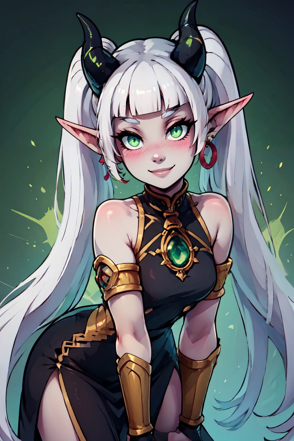 ((masterpiece,best quality)), absurdres,  BREAK, , <lora:Sabella:0.8>,   zzSabellaCitronOC, long hair, bangs, green eyes, pointy ears, horns, twintails, blunt bangs, colored skin, grey skin, white hair, very long hair,  jewelry, earrings, bare shoulders, black dress, sleeveless dress, armlet, , BREAK, leaning forward, head tilt, blush,, BREAK, solo, smile, looking at viewer, cowboy shot,