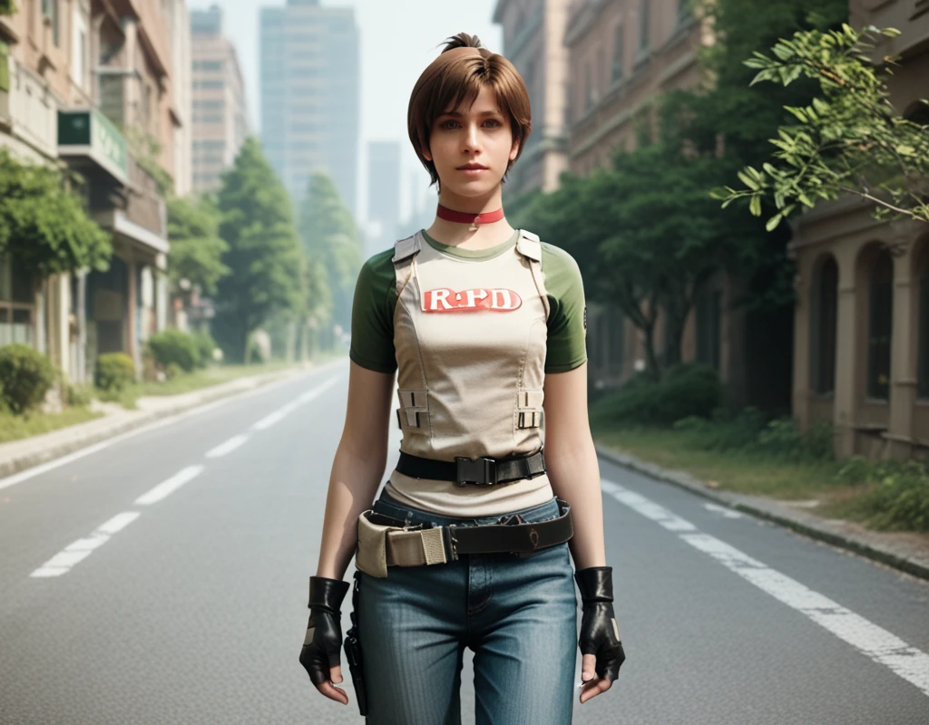 score_9, score_8_up, score_7_up, rebecca-chambers, resident evil, 1girl, solo, gloves, fingerless gloves, outdoors, building, pants, belt, ponytail, road, looking at viewer, choker, tree, brown hair, shirt, black gloves, street, bulletproof vest, realistic, brown eyes, short hair, vest, denim, raglan sleeves <lora:RE0_Rebecca_Chambers:1>