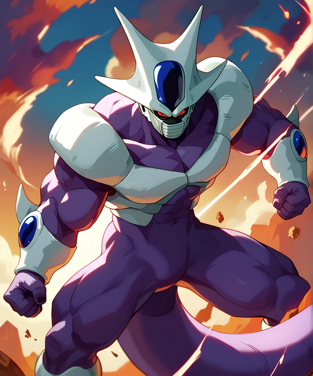 score_9, score_8_up, score_7_up,
<lora:Cooler_(Dragonball_Z)_(Pony)_(AD):1> Cooler, Dragonball Z, muscular, muscles, male focus, purple skin, colored skin, red eyes, no humans, tail, face mask, 
8K, In'ei, hiaroscuro, depth of field, volumetric lighting,
perfect hands, perfect proportions, 
anime style background, evil villain, indomitable, extreme perspective, supervillain, flawless unbeatable fighter, mid fight pose, warm lighting, perfect tail, red sclera, white bio armor, the mightiest warrior in the universe, glowing solid red eyes, 
BREAK zPDXL, zPDXLxxx,