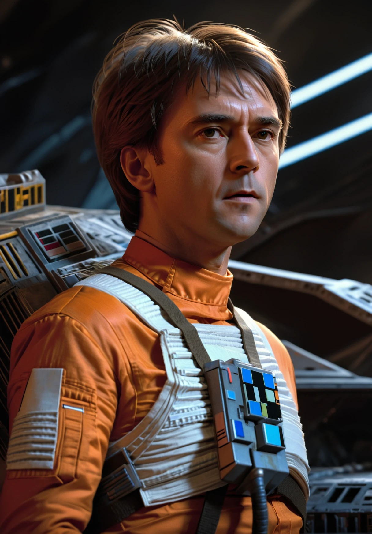 (close-up shot1.5) (side view1.5) of <lora:WedgeAntilles:1> a character from Star Wars is wearing an orange X-Wing fighter pilot outfit, ((short hairstyle)), running, background of sci-fi spaceship cargo hold, dramatic shadows, pose inspired by Boris Vallejo, brushwork echoing Carne Griffiths, and color palette reminiscent of Wadim Kashin, set under studio lighting, captured with a 5d camera, in HDR, 8k resolution, sharp focus, infused with a graphic novel aesthetic, cinematic