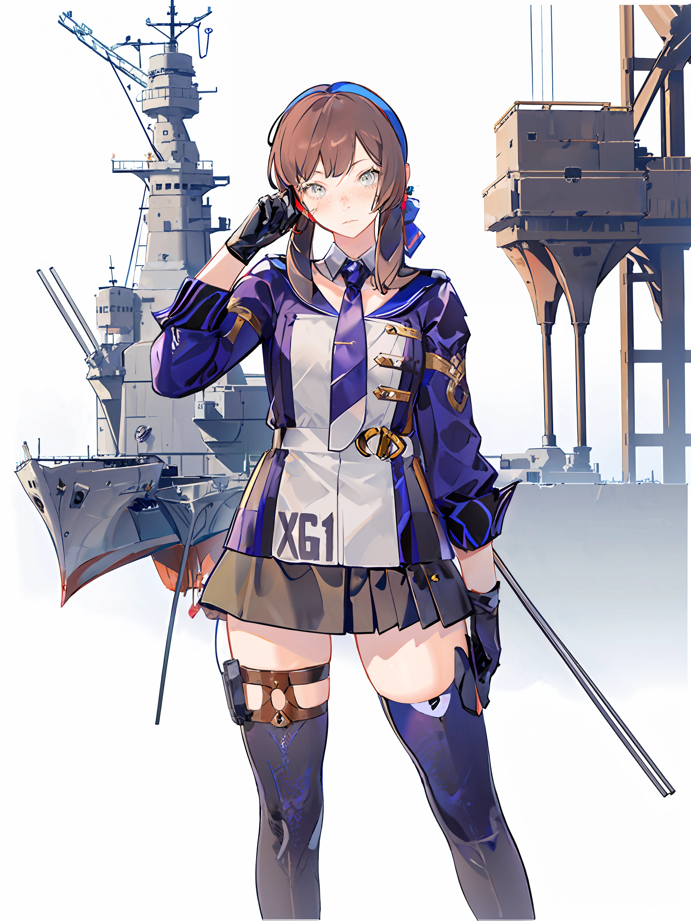 mogador \(kancolle\), 1girl, solo, gloves, necktie, black gloves, skirt, thighhighs, black skirt, grey eyes, freckles, blue necktie, blue hairband, pleated skirt, white background, jacket, thigh strap, cowboy shot, blue jacket, long sleeves, looking at viewer, blush, shirt, uniform, military, asymmetrical legwear, skindentation, military uniform, black thighhighs, <lora:Mogador:0.8>,