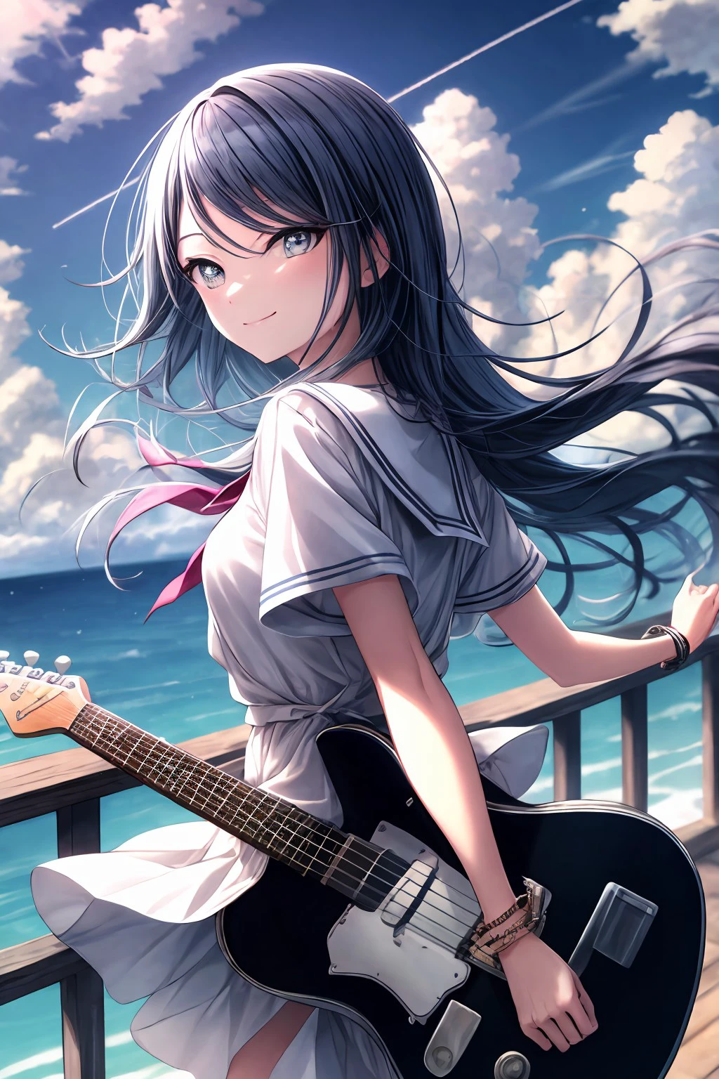 (masterpiece), best quality, expressive eyes, perfect face, h_ichika, looking at viewer, smile, skirt, shirt, dress, holding, jewelry, closed mouth, blue hair, standing, short sleeves, cowboy shot, outdoors, frills, sky, day, looking back, cloud, sailor collar, water, from behind, star (symbol), white dress, blurry, bracelet, blue sky, fingernails, floating hair, depth of field, cloudy sky, light smile, wristband, instrument, straight hair, light particles, blue theme, blurry foreground, railing, horizon, dot nose, guitar, cable, holding instrument, electric guitar, contrail, cumulonimbus cloud, <lora:more_details:0.7>, <lora:99f9cff9-1277-4a53-bd19-47ba8cbb6821:0.7>