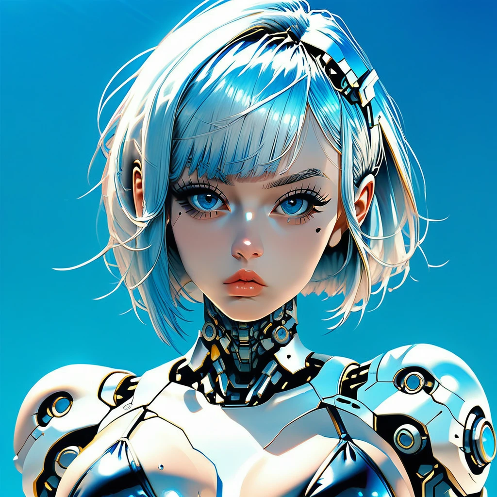 1girl, solo, breasts, looking at viewer, short hair, bangs, blue eyes, large breasts, bare shoulders, medium breasts, blue hair, swimsuit, upper body, white hair, bikini, parted lips, mole, lips, makeup, black bikini, blue background, science fiction, android, joints, cyborg, robot joints, cyberpunk, mechanical parts