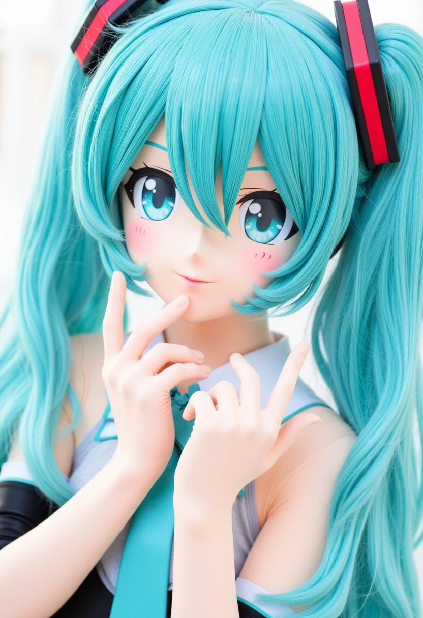 Realistic stock images. Hatsune Miku girl. aqua eyes, aqua hair,