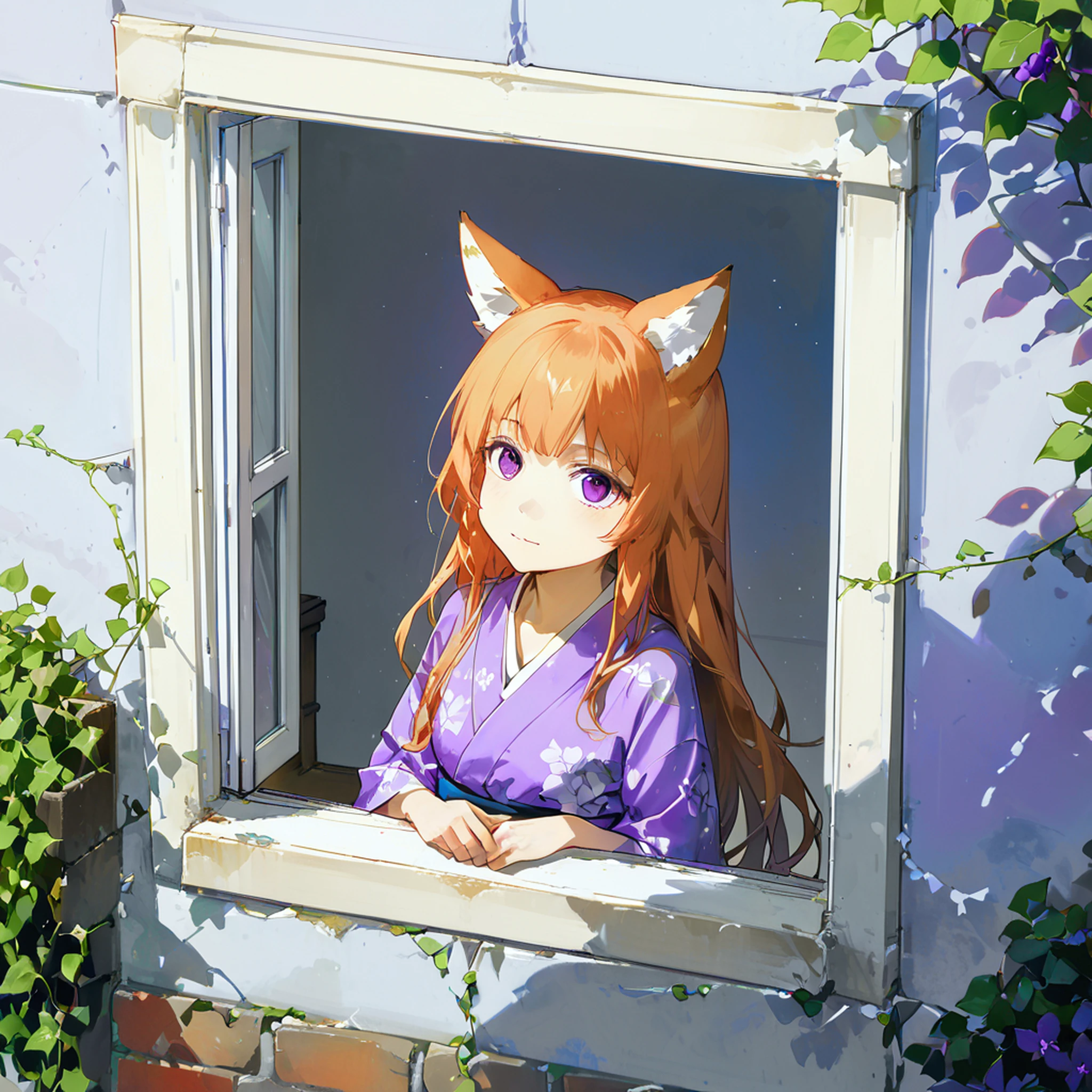 masterpiece, best quality, outdoor, window, (People inside the window:1), film grain, (cinematic angle:1.2), [realistic:0.2], [3d:0.9], from behind, looking up, looking back, close-up, drop shadow, 
<lora:Fixhands_anime_bdsqlsz_V1:1>, <lora:anti_human_ears:1>
white wall, ivy on wall, flower, empty room
1girl, (fox ears:1.2), [ginger:blonde:0.5] hair, long hair, hime cut, straight hair, (brown:1.1) eyes, (violet kimono:1.3), small breasts, light smile, skinny, (looking up:1.2), (tsurime, narrowed eyes:1.2), (yaeba:0.1), blunt bangs, 
<lora:View_from_Outside_the_window:0.7>,<lora:delicate:0.8>