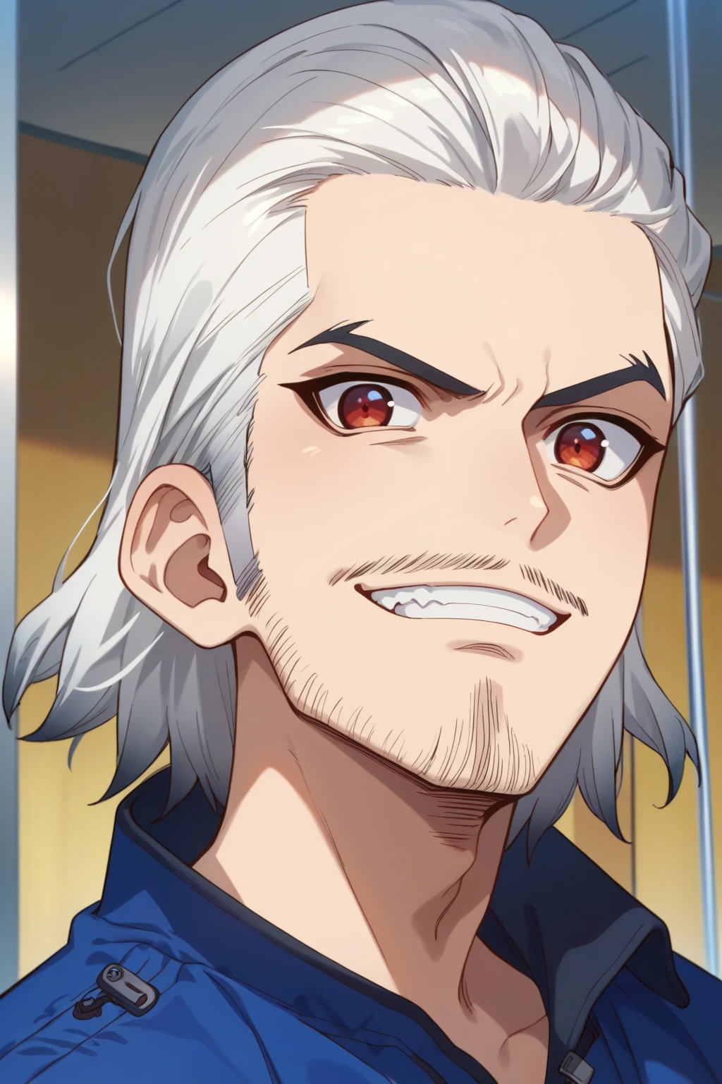 score_9, score_8_up:1.1), score_7_up, source_anime,, Byakuya Ishigami, 1boy, solo, white hair, gray hair, medium hair, red eyes, beard, blue jumpsuit, smirk, teeth, blue pole shirt, close up portrait