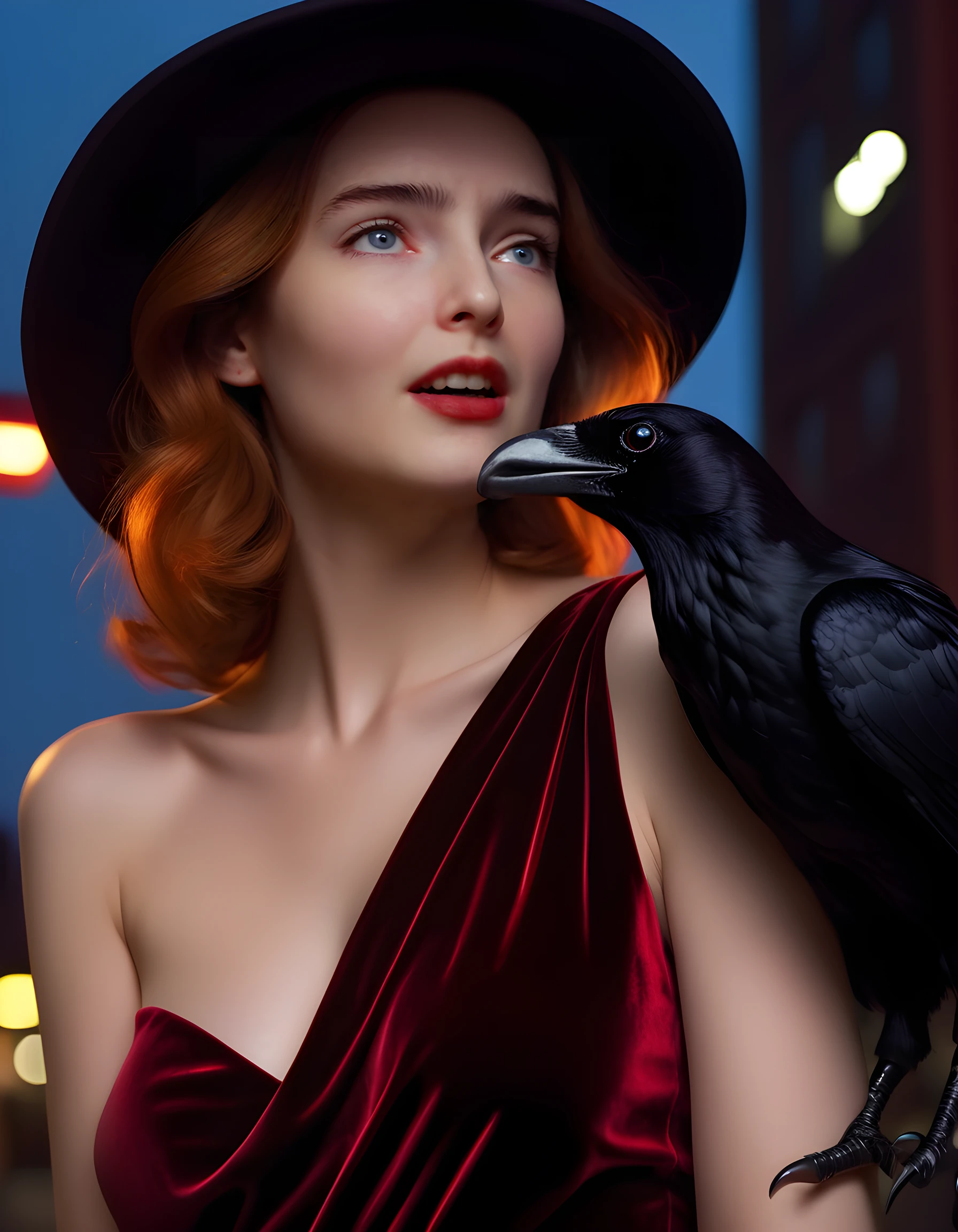 L150L3T, In a gritty, noir-inspired cityscape at twilight, the image captures a striking woman with raven-black and fiery red locks cascading down her shoulders, framing her angular face. Her eyes, smoky with intrigue, are fixed on the viewer from beneath a sleek, wide-brimmed hat that casts an ominous shadow over her delicate features. Her crimson lips part slightly in a seductive smile, revealing perfectly straight white teeth. She wears a high-collared, red velvet dress with gold accents that emphasizes the curve of her neck and clings to her hourglass figure, while a black fur stole draped over one shoulder adds an air of mystery. The soft glow of neon lights from the nearby buildings reflects off her polished, silver-plated pistol gripped tightly in her hand, creating a contrast between her femininity and lethal intent. The image is shot from a low angle, emphasizing her dominance and power, with a dramatic chiaroscuro effect that highlights the play of light and shadow across her face, further accentuating the enigmatic allure she exudes.