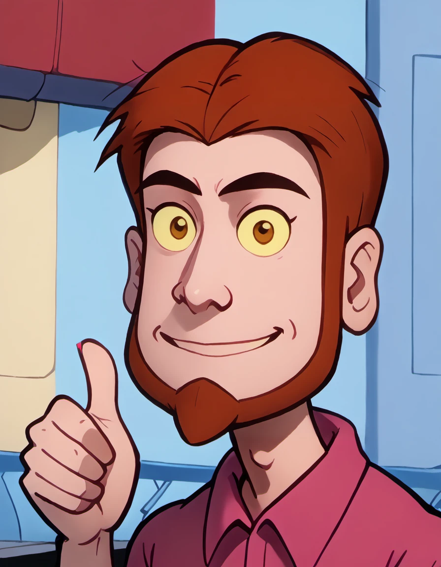 <lora:Jim_Kuback_-_Mission_Hill:1> mh_jim, 1boy, unibrow, red_hair, red_beard, pink_buttondown_shirt, mac_shirt, jeans, yellow sclera, smile, portrait, looking at viewer, giving the thumbs up, thumbs up,, source_cartoon, score_9, score_8_up, score_7_up,