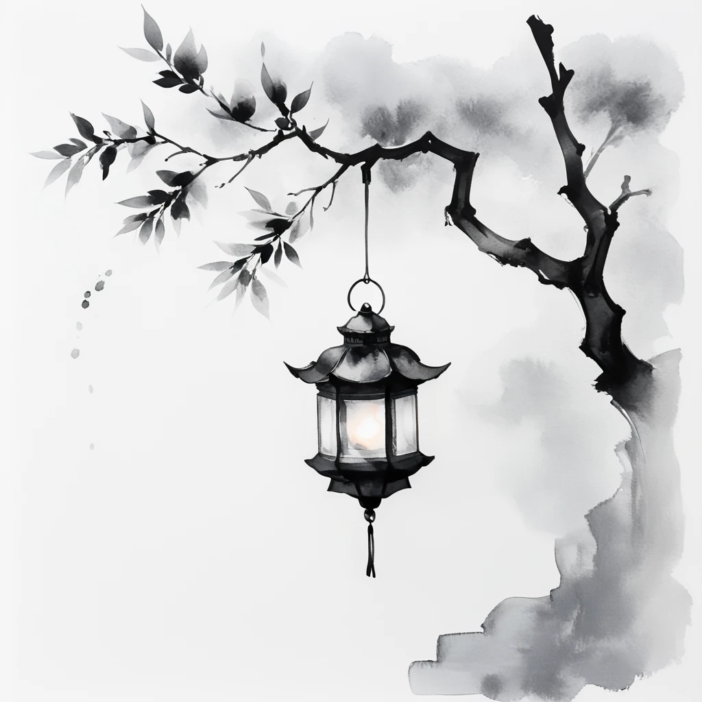 <lora:Zen_Ink_Wash_Sumi-eSDXL:1> ArsMJStyle, Zen Ink Wash Sumi-e, A simple lantern hanging from a tree branch, monochrome, greyscale, minimalistic, white background, no humans, traditional media, ink, solo, still life.