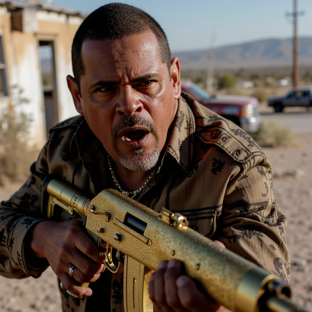 Tuc0, captured in a moment of terrifying intensity, is depicted in the new mexico desert. He's leaning forward aggressively, his face contorted in a menacing scowl, eyes wide with fury, and veins bulging from his neck. he grips hold of his custom 24k solid gold AK-47 with intricate mayan engravings, firing it into the air like a maniac and hinting at the violent rage he's just unleashed. The background features a an old run down mexican shack, The composition is tight, focusing on his face and upper body, with every detail of his snarling expression and sweat-soaked skin captured in sharp, high-definition clarity, making the viewer feel the full weight of his unbridled anger and intensity.

