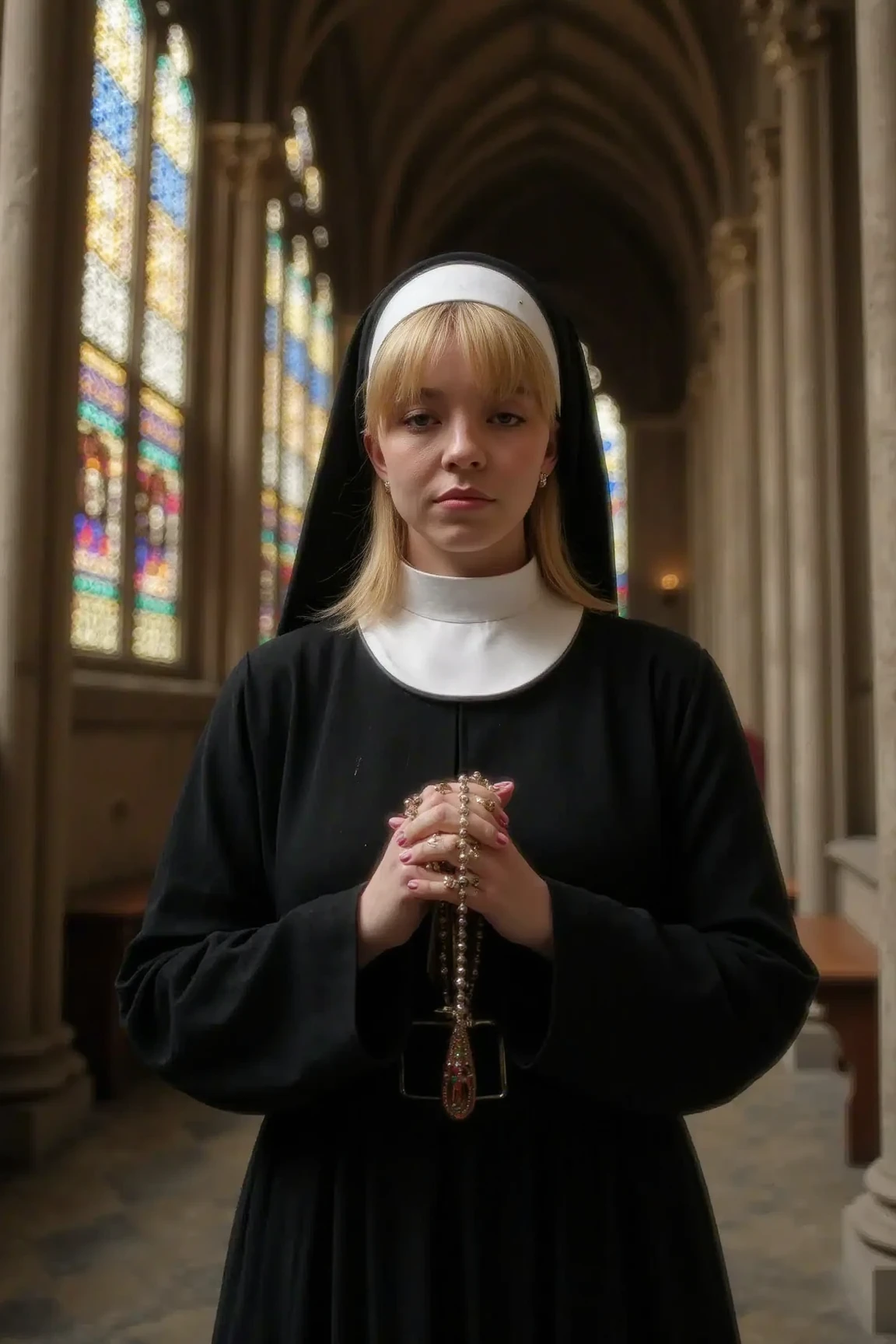 A serene, sw33ny nun with blonde hair standing in an old, Gothic-style cathedral. She is dressed in traditional black and white habit, with a white coif and wimple covering her hair. The nun's face is calm and peaceful, with soft lighting illuminating her features. The background features tall stained glass windows casting colorful light patterns on the stone floor, and the atmosphere is quiet and reverent. The nun is holding a rosary in her hands, her eyes slightly lowered in prayer, capturing a sense of devotion and tranquility.