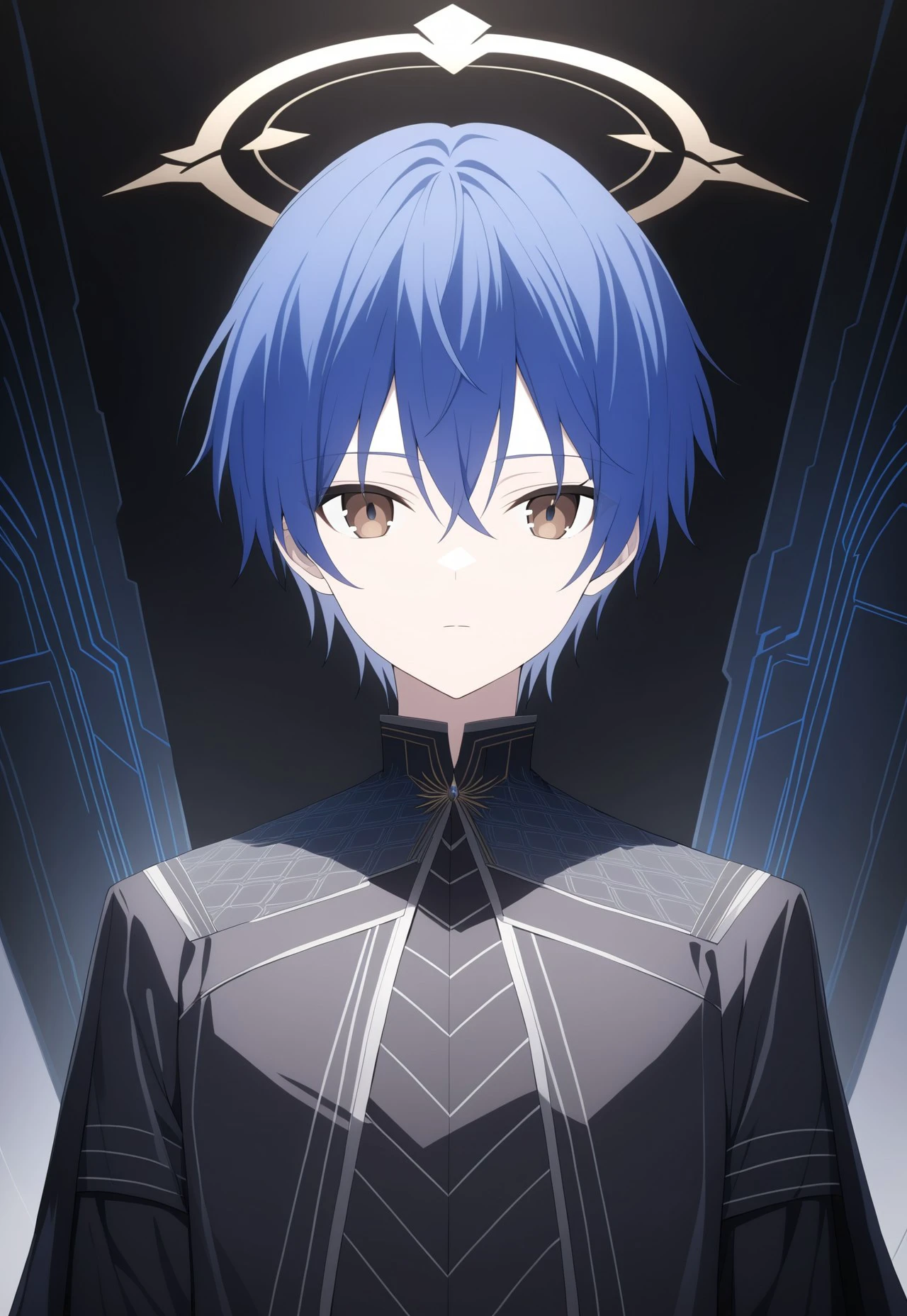 A highly detailed half-body portrait of an anime-style boy with striking blue hair and deep brown eyes. Halo,. He wears an emperor's big  crown adorned with dark, intricate designs that convey power and mystery. His clothing is imperial, with elaborate patterns and dark tones, combining traditional royal elements with futuristic, sci-fi influences. The fabric shimmers with advanced technological patterns woven into the material, giving it a modern, almost otherworldly feel. The boy stands in a grand royal court, the background filled with a blend of classical architecture and cutting-edge technology. Dark shadows and subtle lighting highlight his features, creating a mysterious and intense atmosphere. The boy gazes directly at the viewer, his expression calm yet commanding, exuding an aura of authority and elegance. The entire scene is rendered with meticulous detail, showcasing the complex interplay between traditional royal aesthetics and modern sci-fi elements.

This prompt should provide the depth and detail needed to achieve a highly complex and visually stunning image.