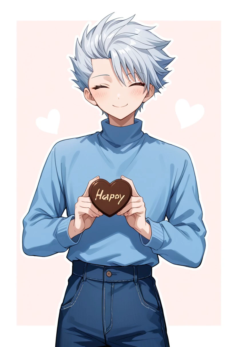 score_9, score_8_up, score_7_up, source_anime, rating_safe, holding heart chocolate, LeonFT, grey Leon hair, closed eyes, 1boy, male focus, casual clothes, blush lines, wide smile, hands with five fingers, cropped waist, heart shaped background, cute wallpaper, happy-cheery,