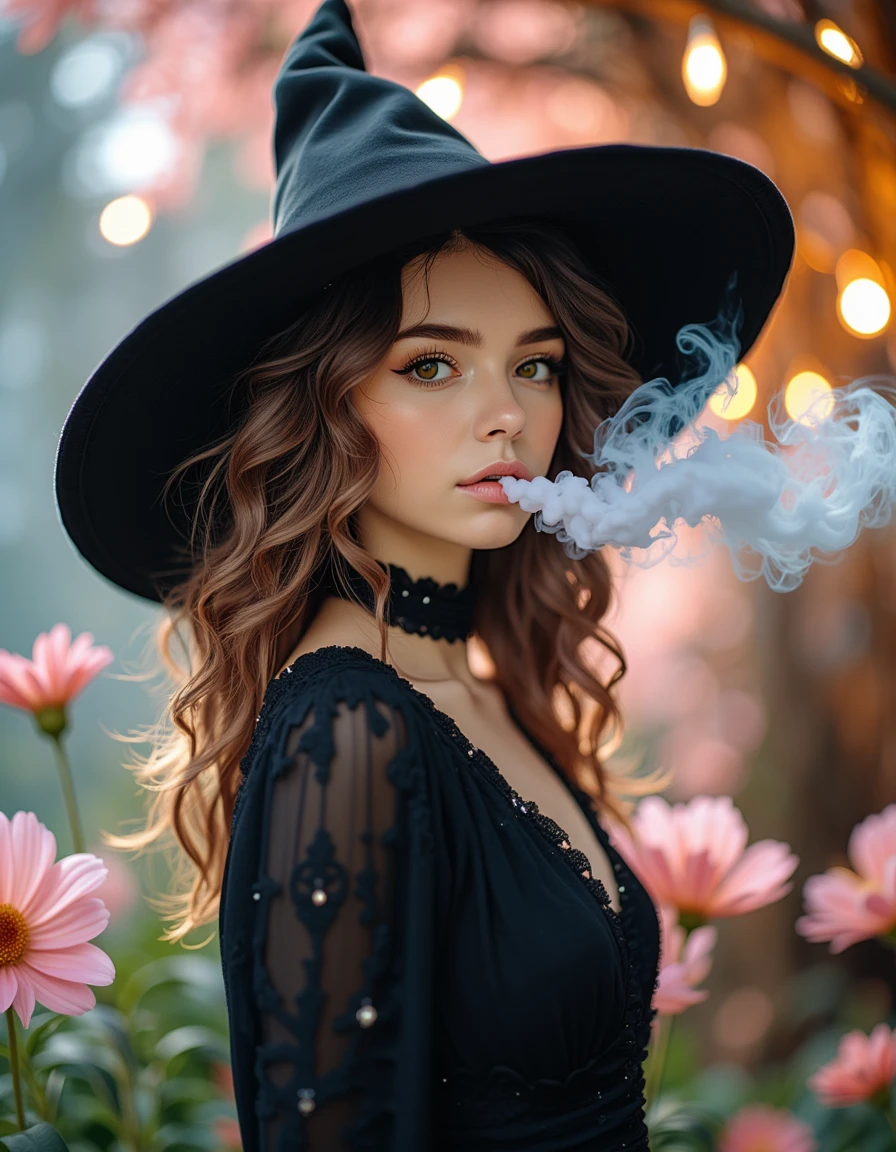 A beautiful witch woman stands in a whimsical, enchanted scene, blending elements of sparklecore, pastelcore, and cottagecore. She wears a classic black dress that contrasts with the soft, dreamy colors around her. Her long, curly wavy hair cascades beneath a wide-brimmed black hat, adding a touch of mystery to her ethereal appearance. Smoke curls gracefully out of her mouth, but instead of dark and foreboding, it shimmers with soft pastel hues, sparkling in the gentle light. The scene is adorned with delicate pastel flowers, twinkling lights, and a cozy, cottage-like ambiance, blending the magical with the serene. Her presence is both enchanting and comforting, embodying a witch who is as much a guardian of nature's beauty as she is a master of magic <lora:SpaceOperetta:1>