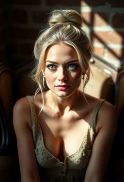  Color portrait of Celeste Yarnall, sitting in an antique chair with a ray of light coming through a window, creating pronounced shadows on her face. Blonde hair gathered in a bun, big and expressive eyes. Background with brick wall textures for an intimate and contrasting atmosphere